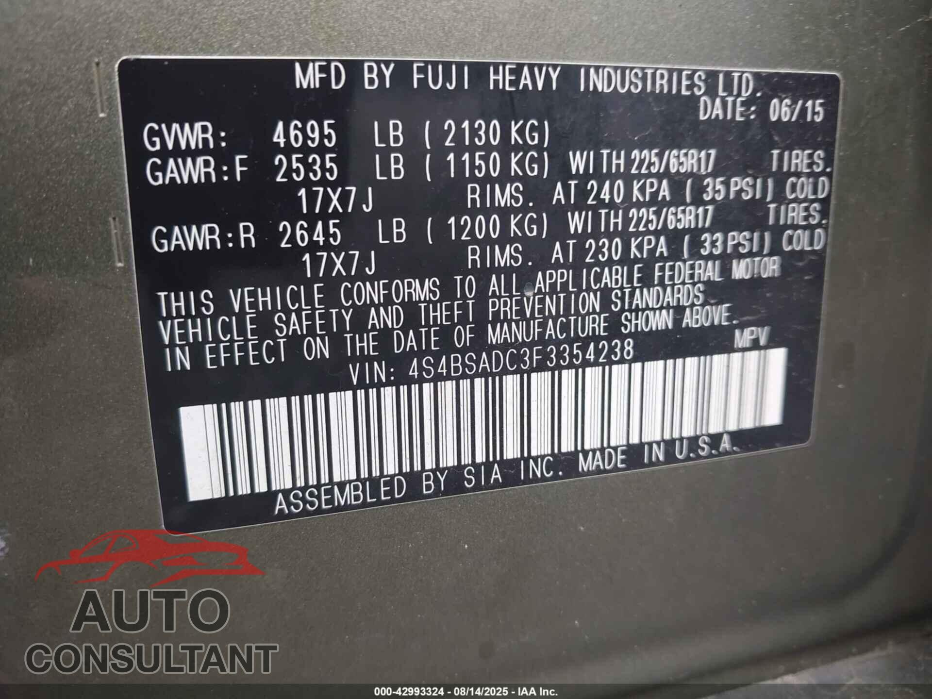 SUBARU OUTBACK 2015 - 4S4BSADC3F3354238