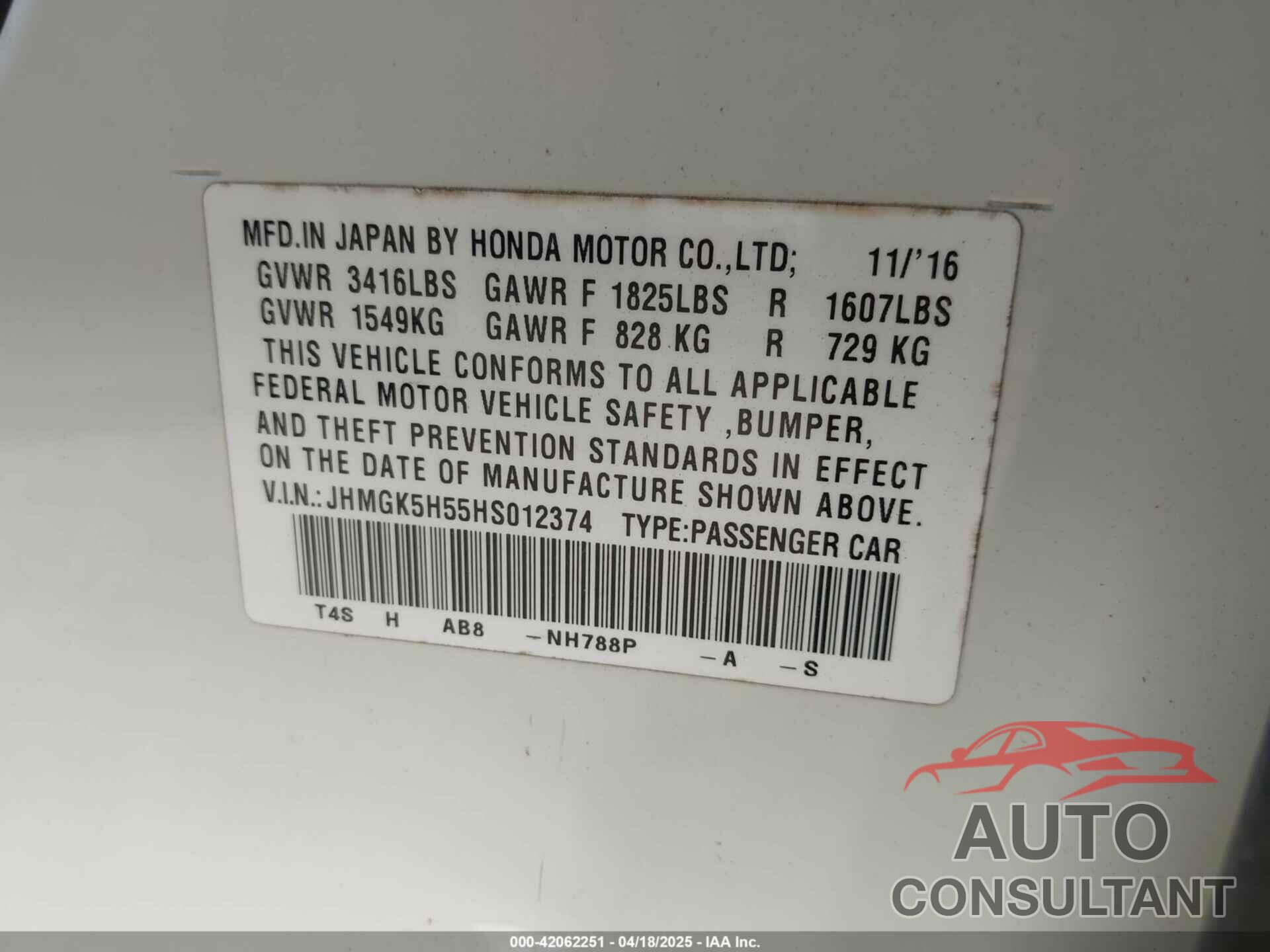 HONDA FIT 2017 - JHMGK5H55HS012374