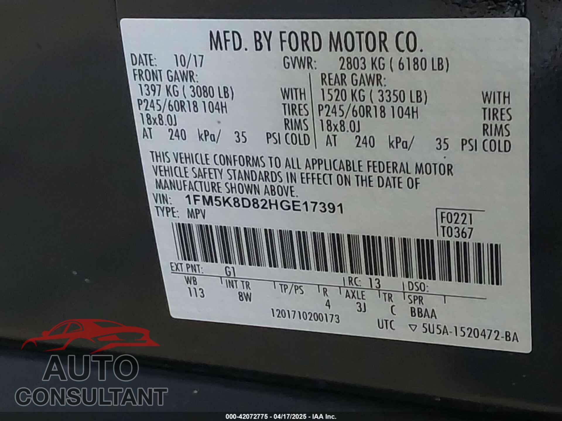 FORD EXPLORER 2017 - 1FM5K8D82HGE17391