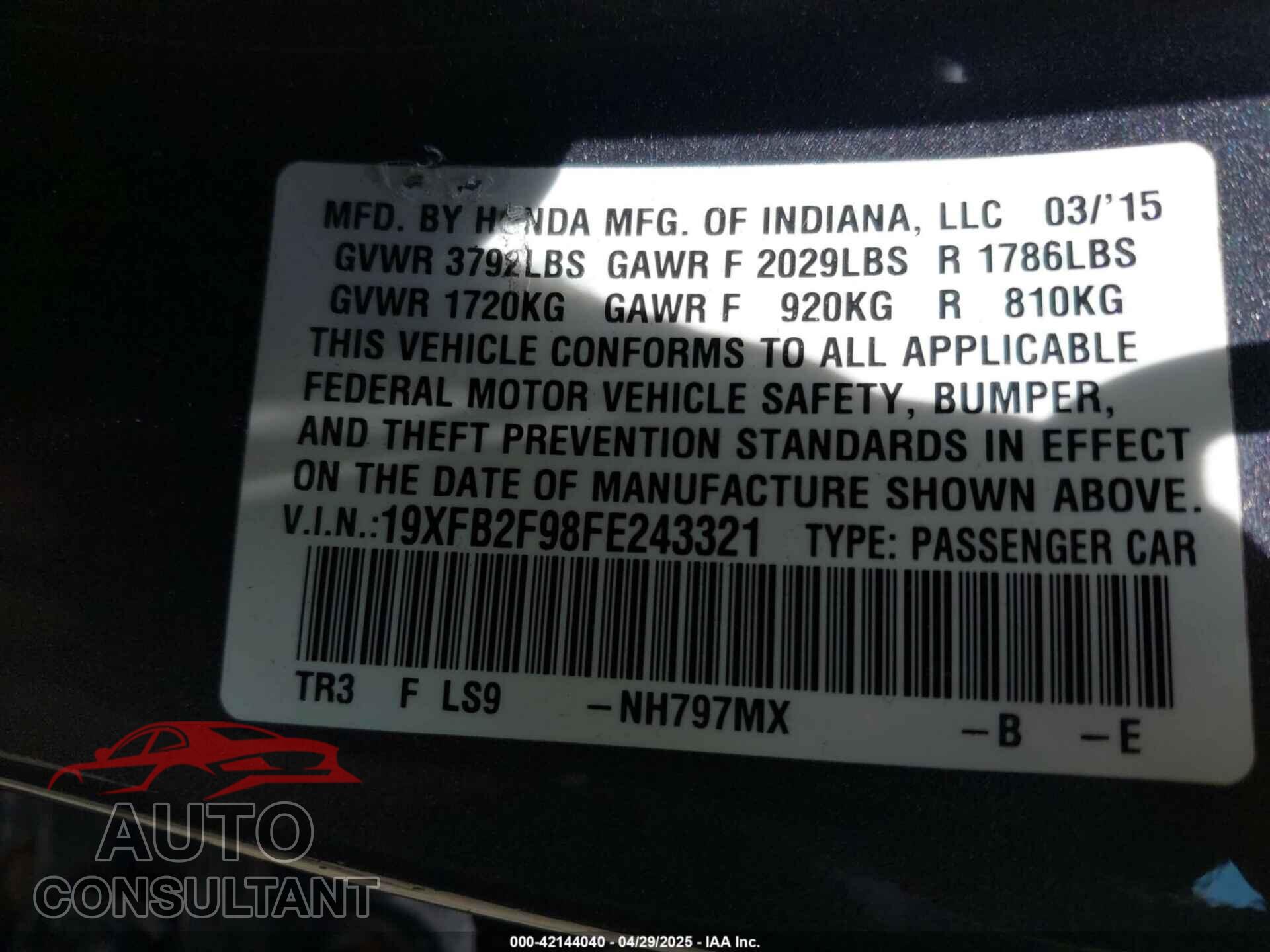 HONDA CIVIC 2015 - 19XFB2F98FE243321