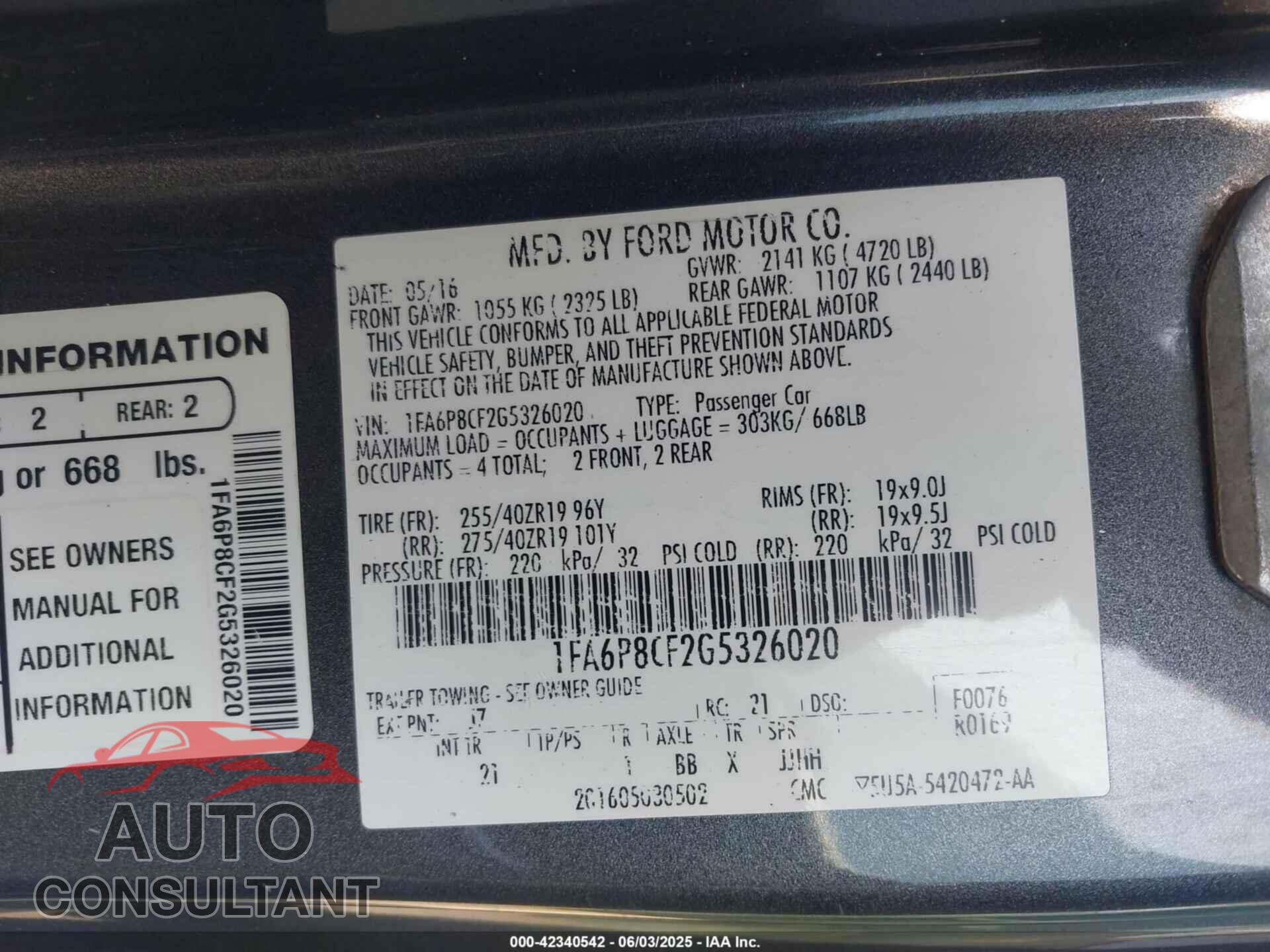 FORD MUSTANG 2016 - 1FA6P8CF2G5326020