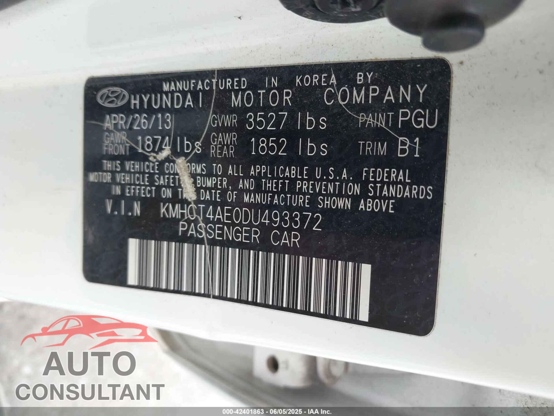 HYUNDAI ACCENT 2013 - KMHCT4AE0DU493372