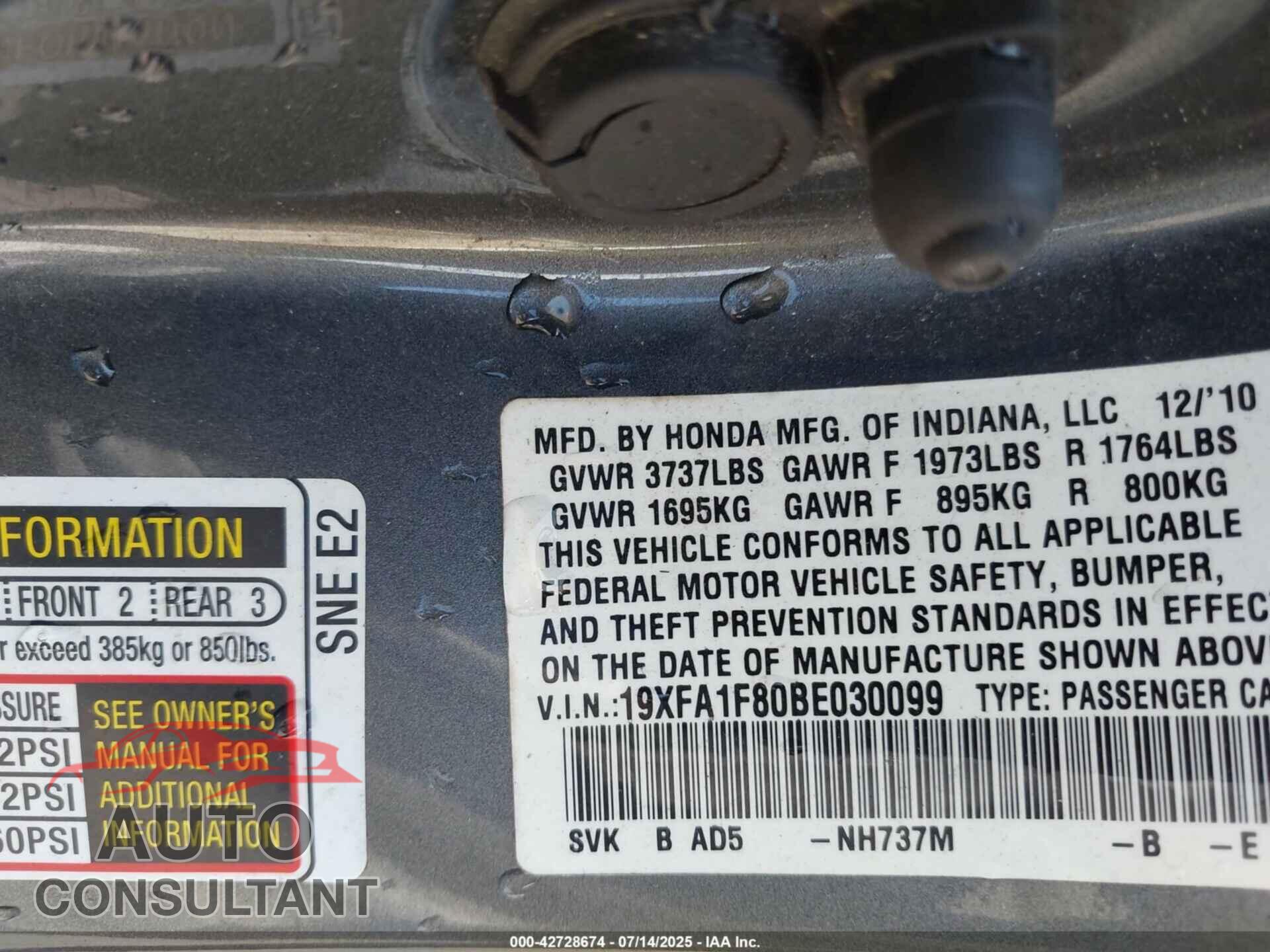HONDA CIVIC 2011 - 19XFA1F80BE030099