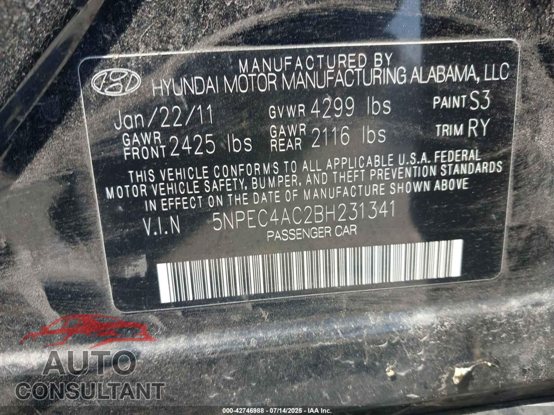 HYUNDAI SONATA 2011 - 5NPEC4AC2BH231341