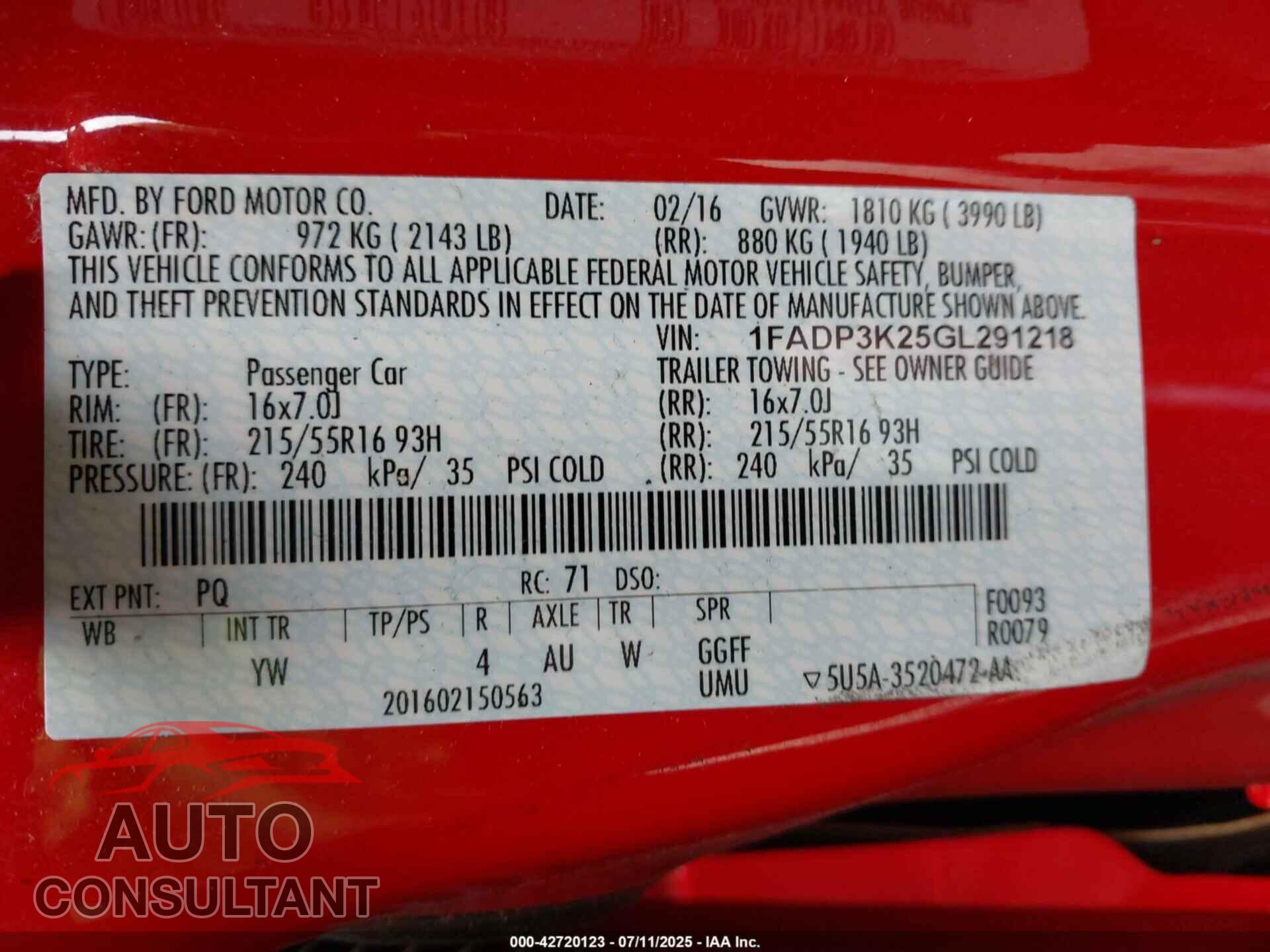 FORD FOCUS 2016 - 1FADP3K25GL291218