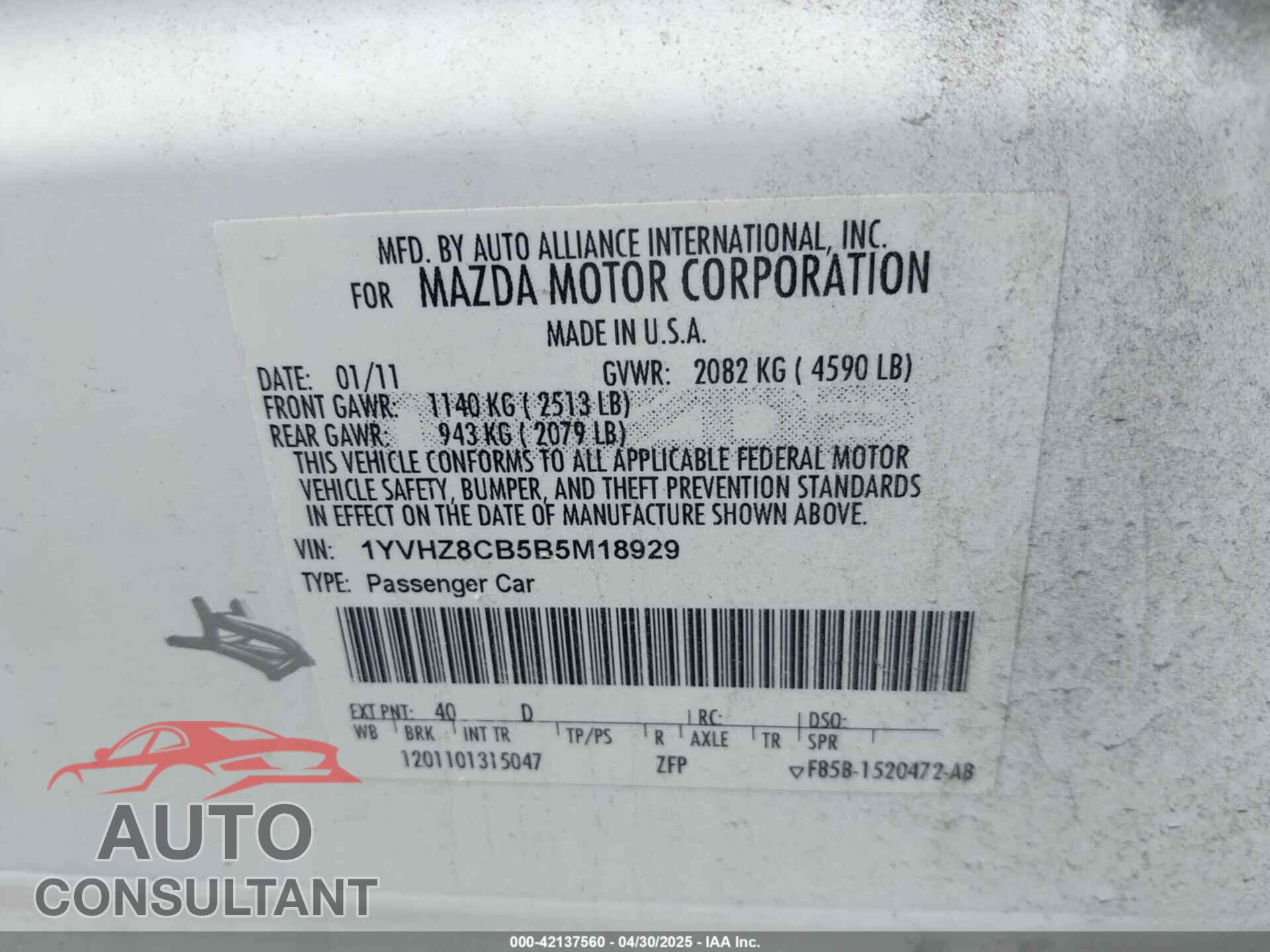 MAZDA MAZDA6 2011 - 1YVHZ8CB5B5M18929