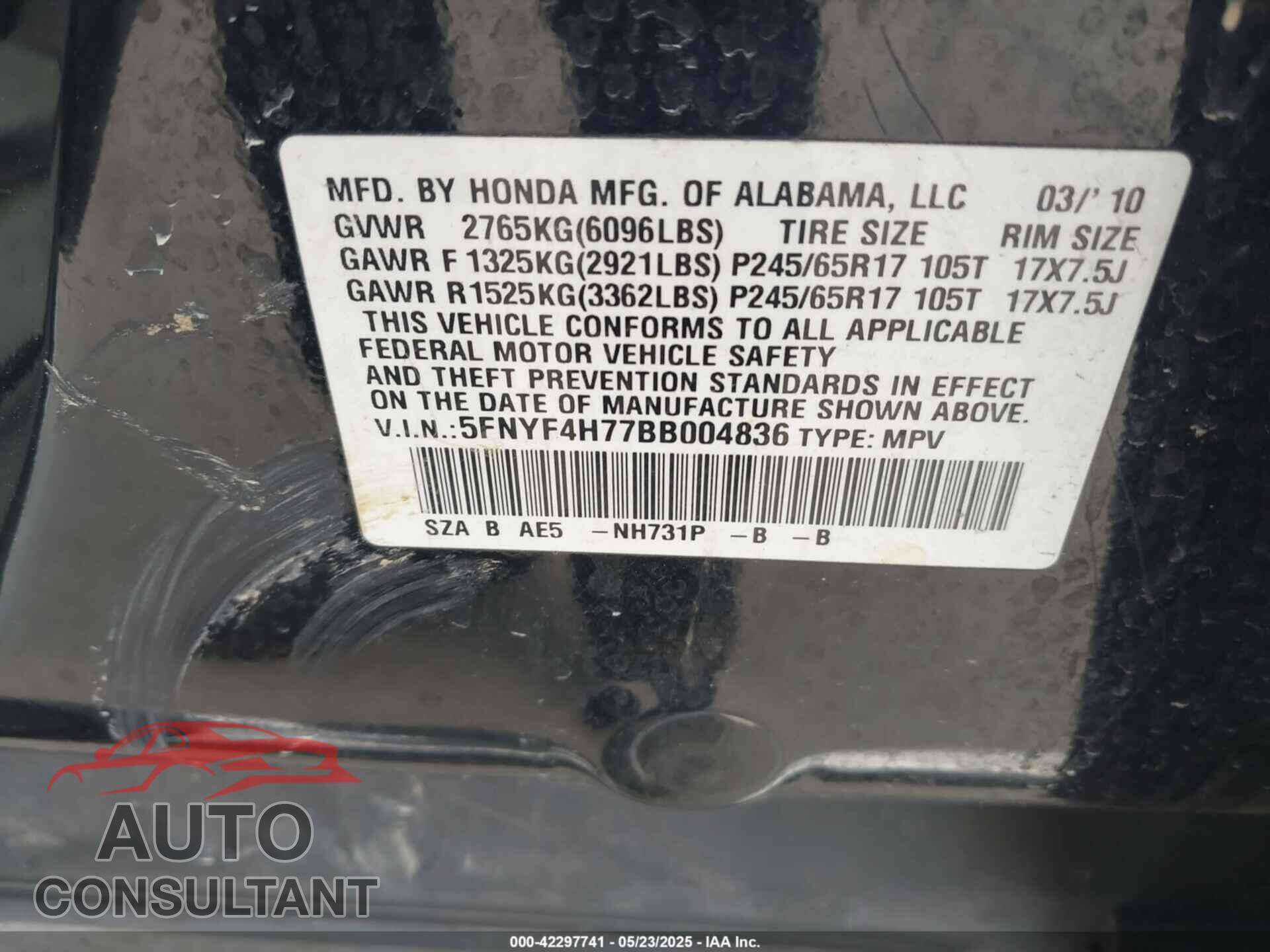 HONDA PILOT 2011 - 5FNYF4H77BB004836