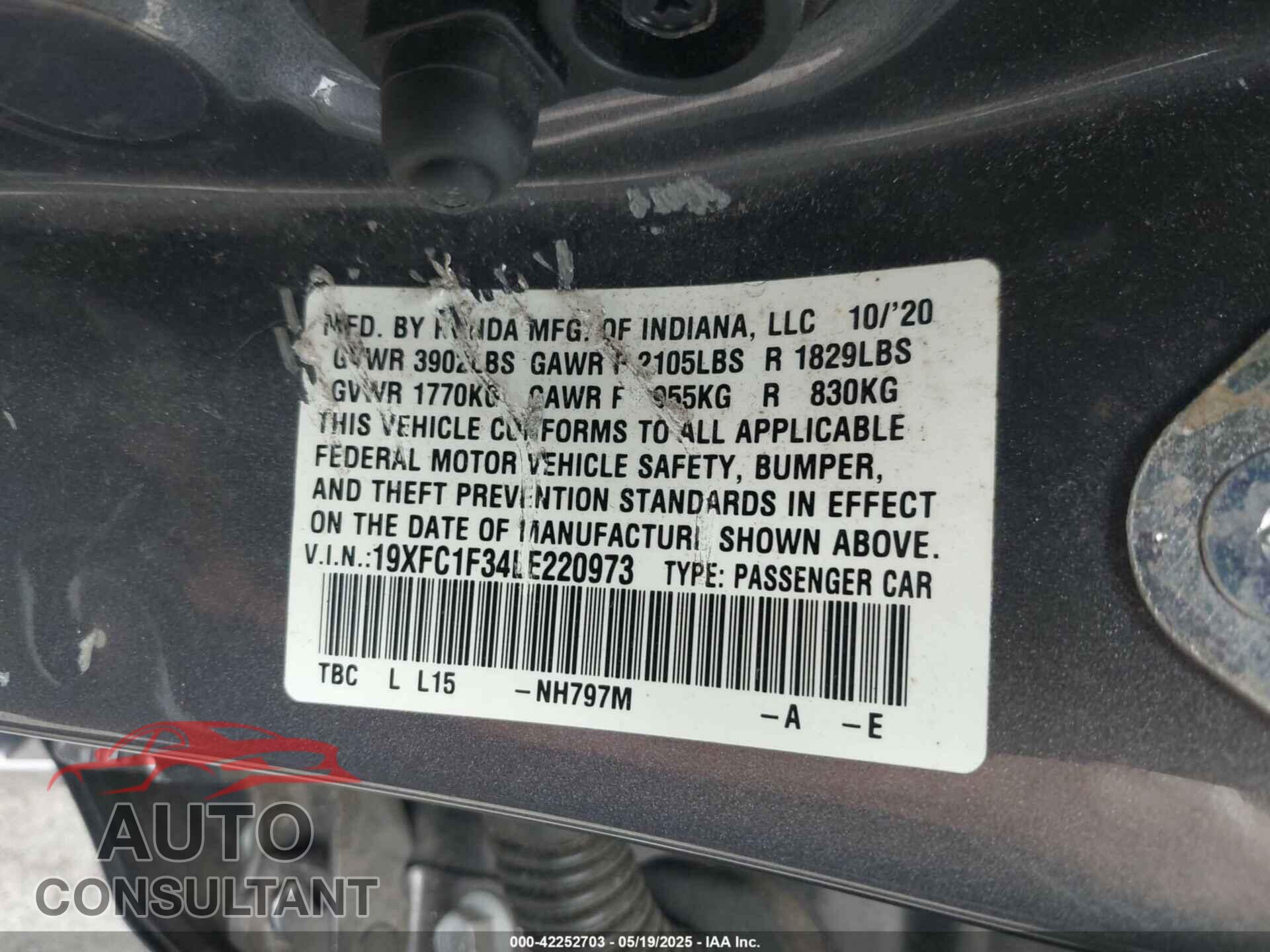 HONDA CIVIC 2020 - 19XFC1F34LE220973