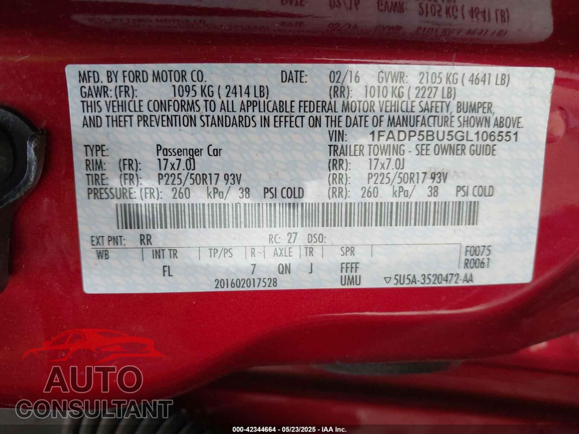 FORD C-MAX HYBRID 2016 - 1FADP5BU5GL106551