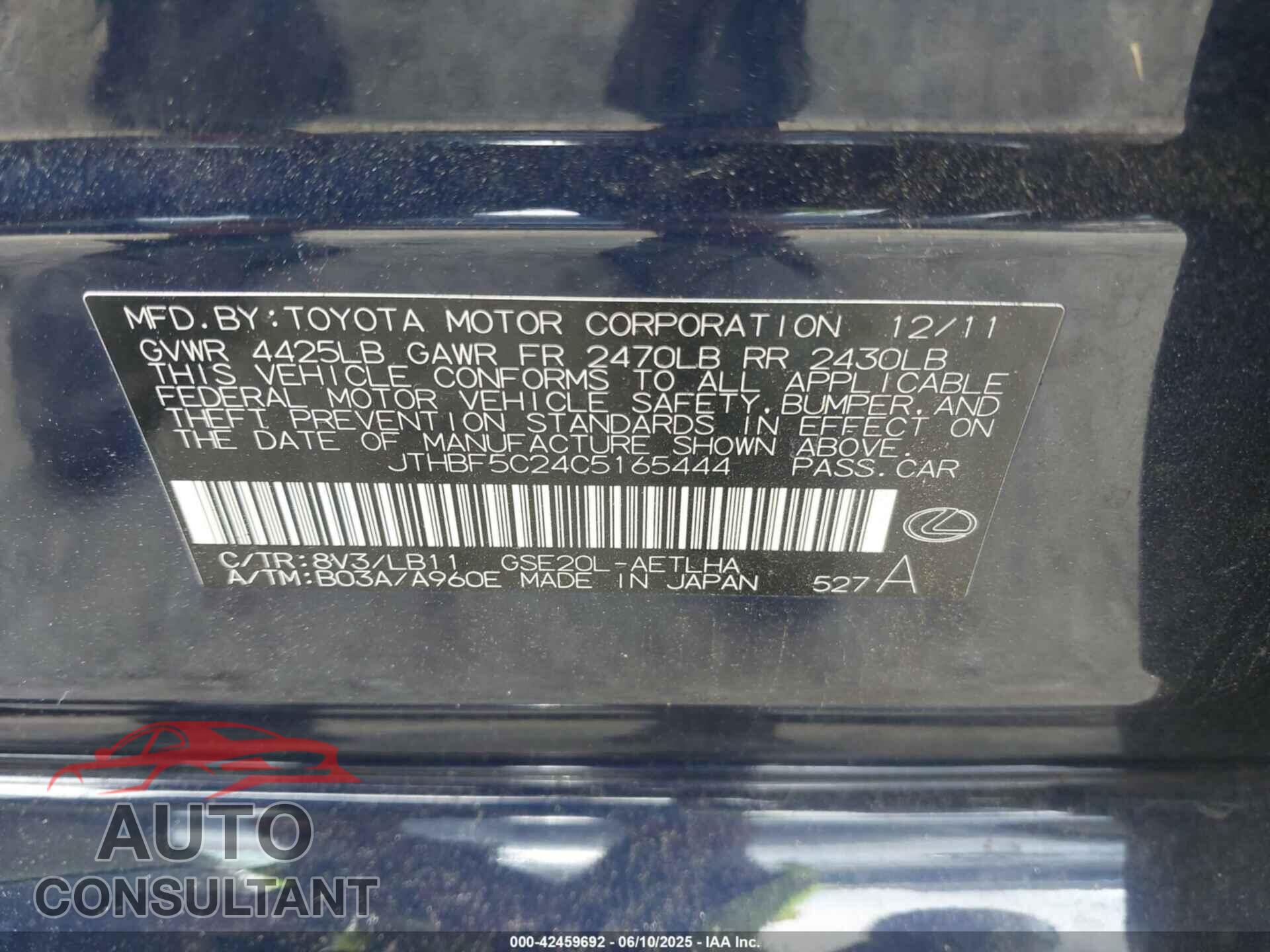 LEXUS IS 250 2012 - JTHBF5C24C5165444