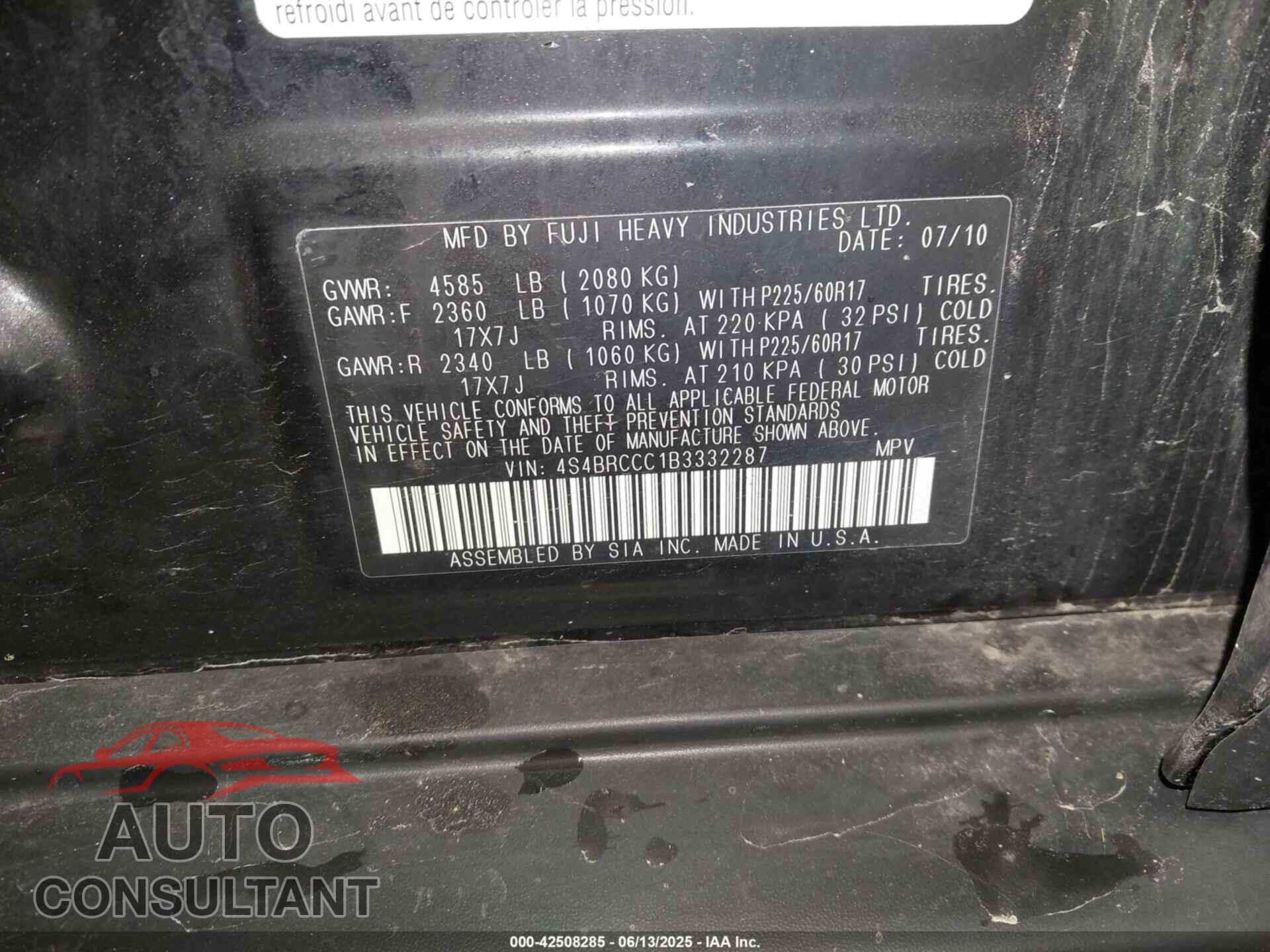 SUBARU OUTBACK 2011 - 4S4BRCCC1B3332287