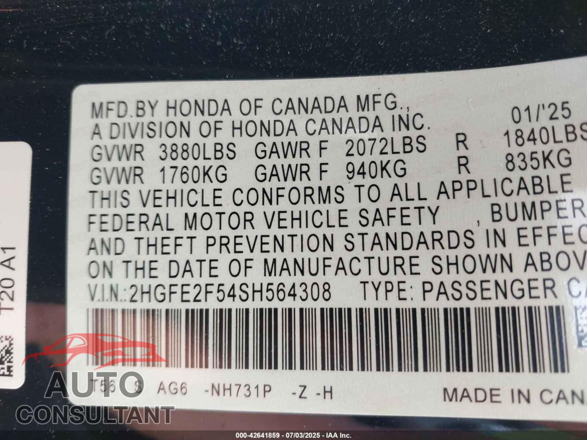 HONDA CIVIC 2025 - 2HGFE2F54SH564308