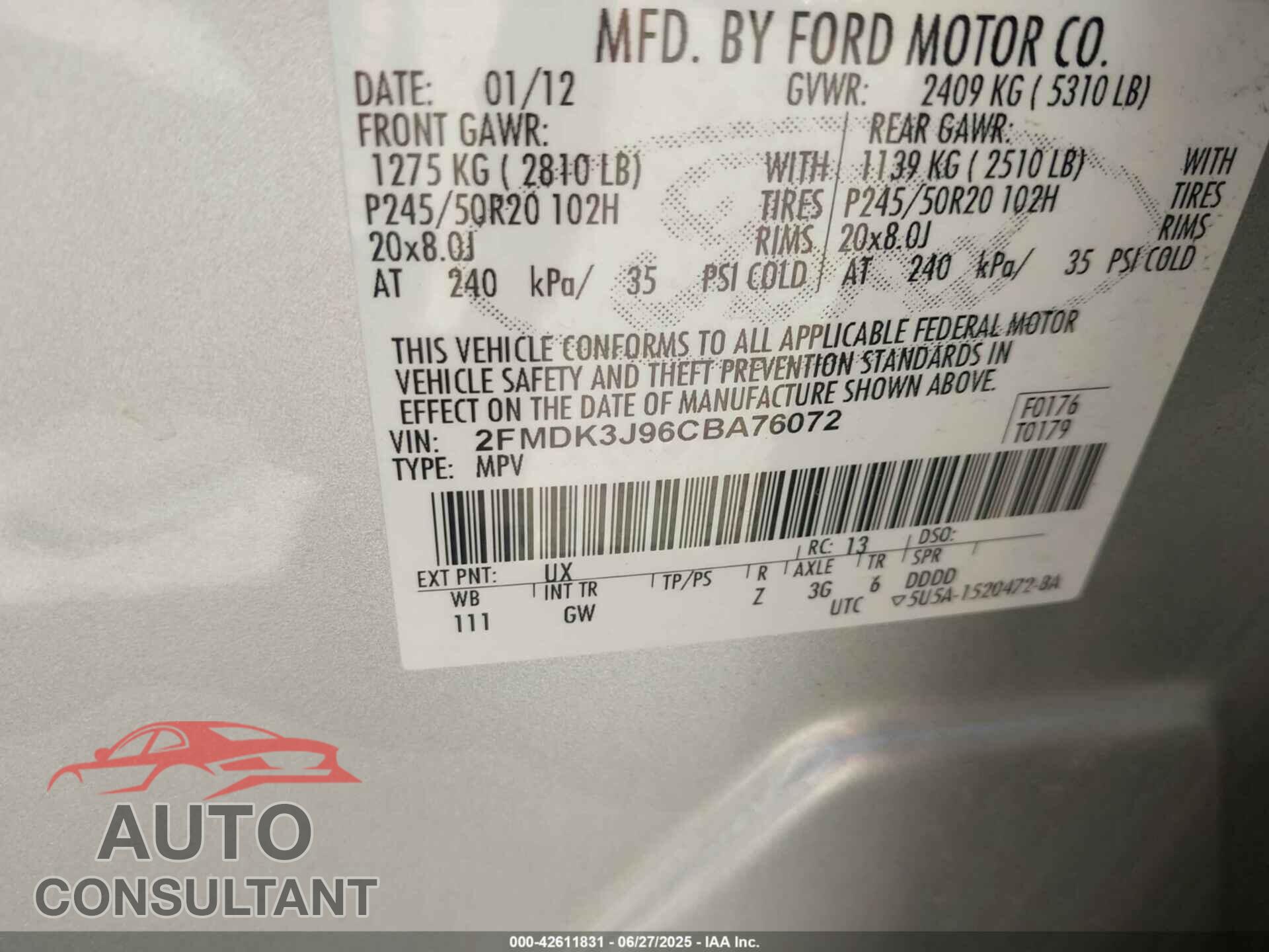 FORD EDGE 2012 - 2FMDK3J96CBA76072