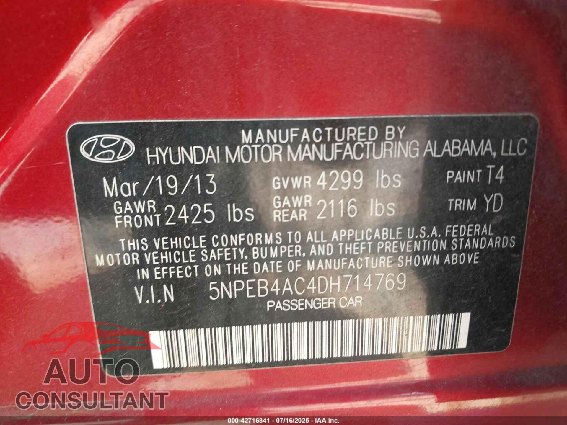 HYUNDAI SONATA 2013 - 5NPEB4AC4DH714769