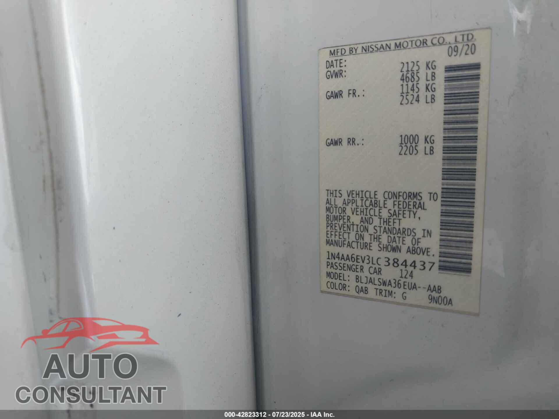 NISSAN MAXIMA 2020 - 1N4AA6EV3LC384437
