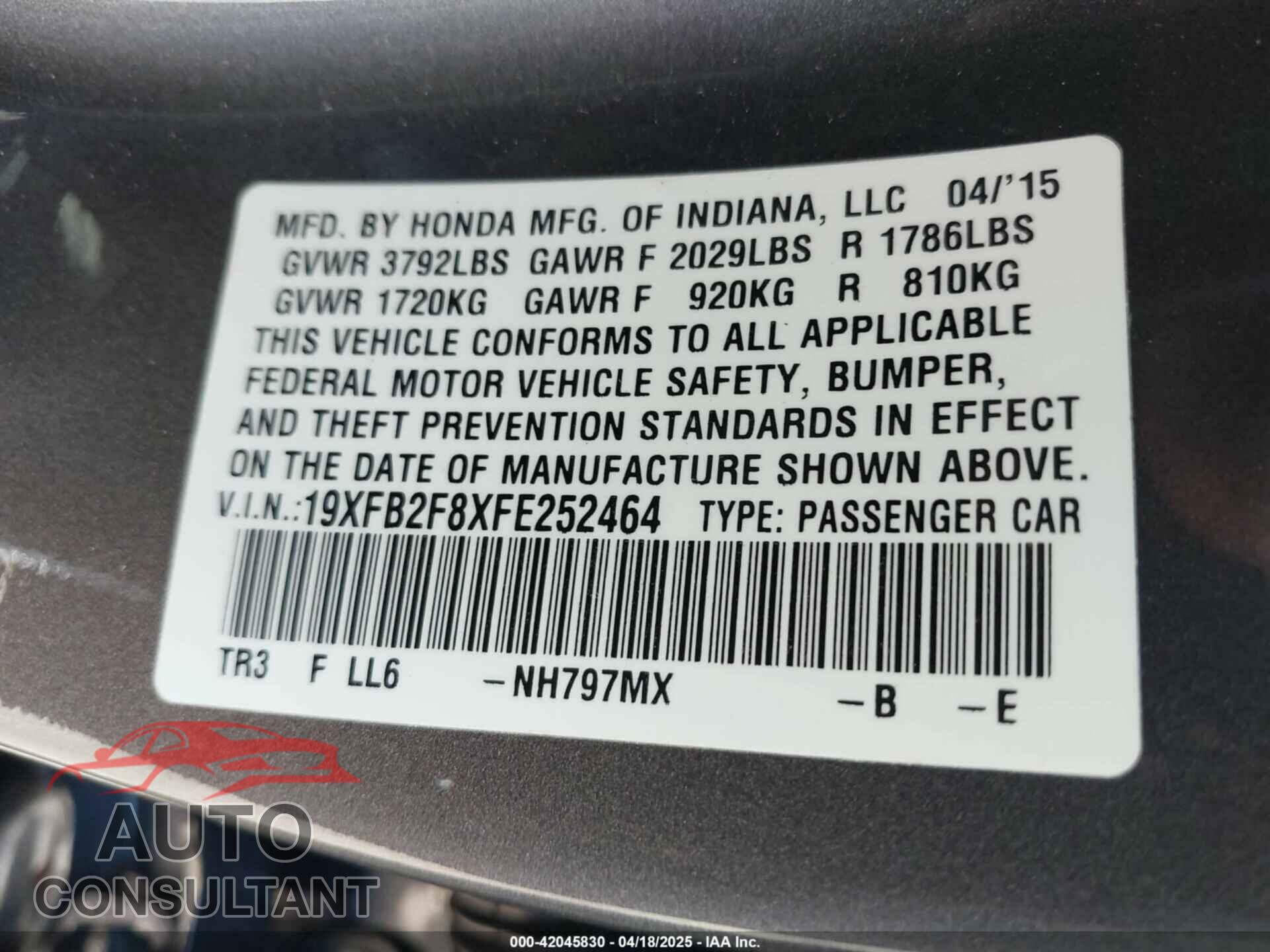 HONDA CIVIC 2015 - 19XFB2F8XFE252464