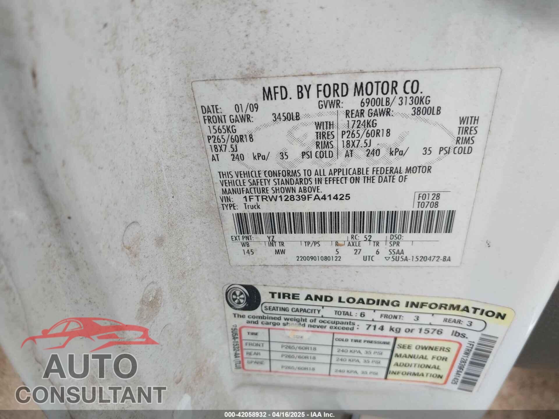 FORD F-150 2009 - 1FTRW12839FA41425