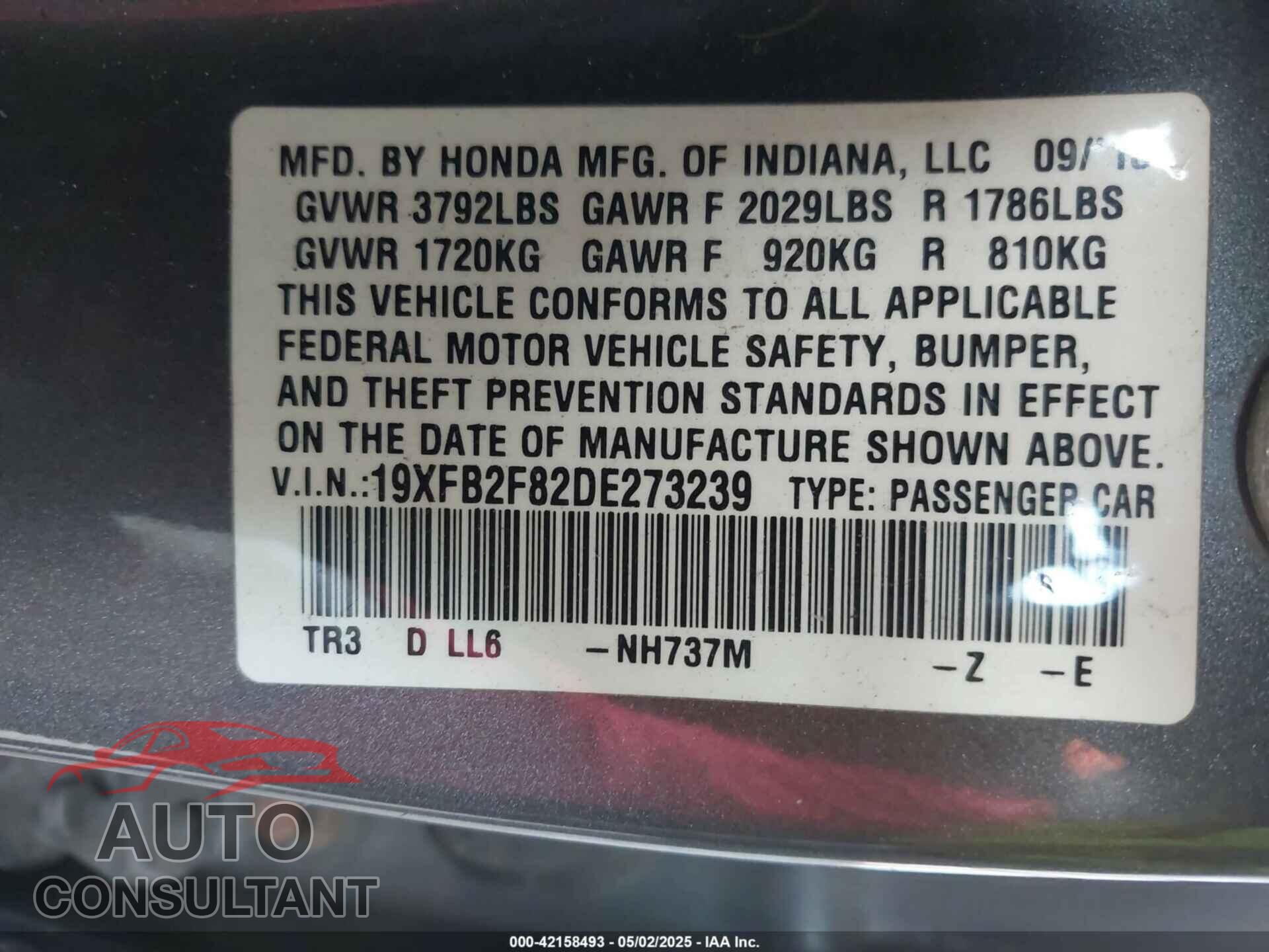 HONDA CIVIC 2013 - 19XFB2F82DE273239
