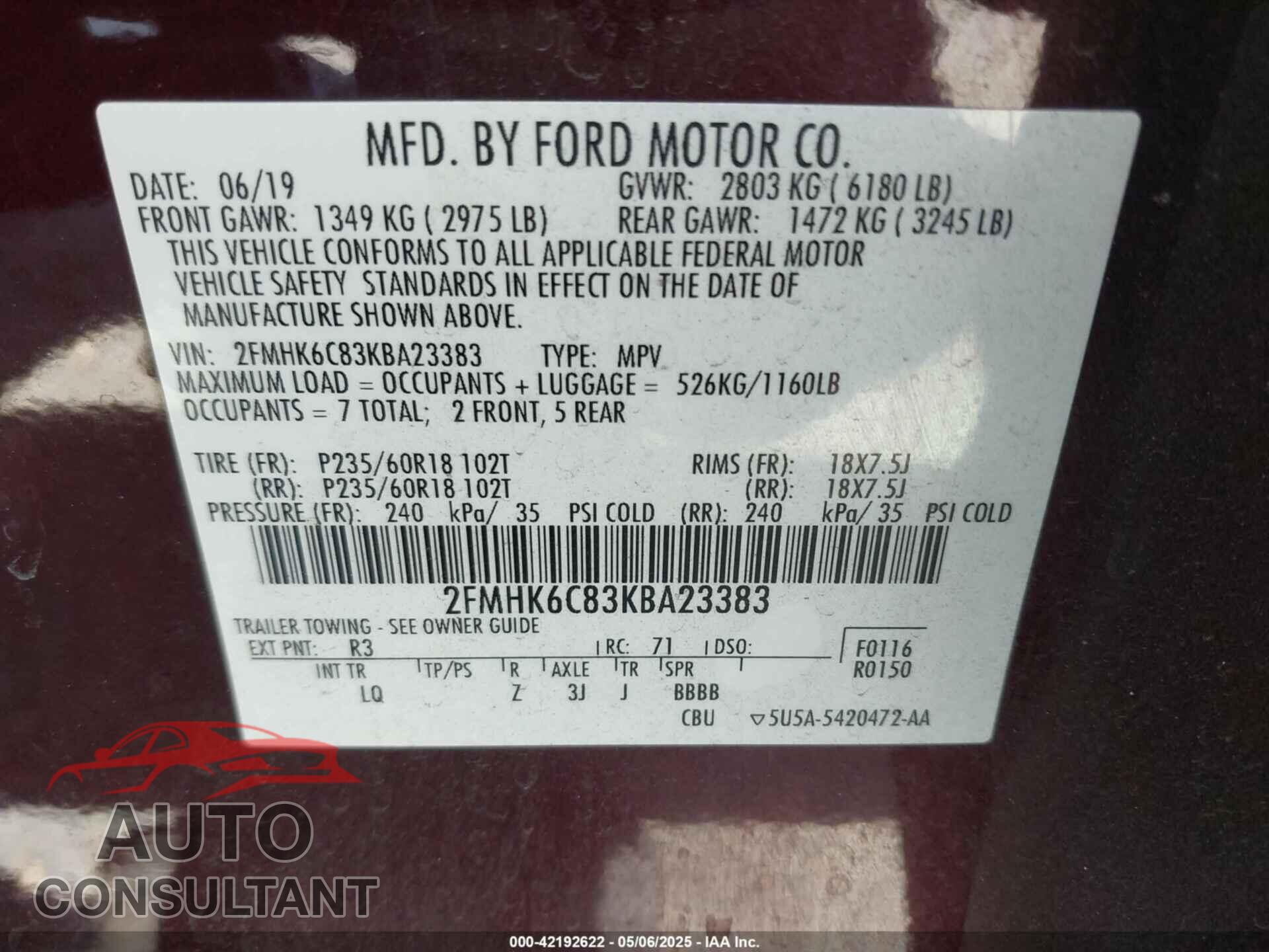 FORD FLEX 2019 - 2FMHK6C83KBA23383