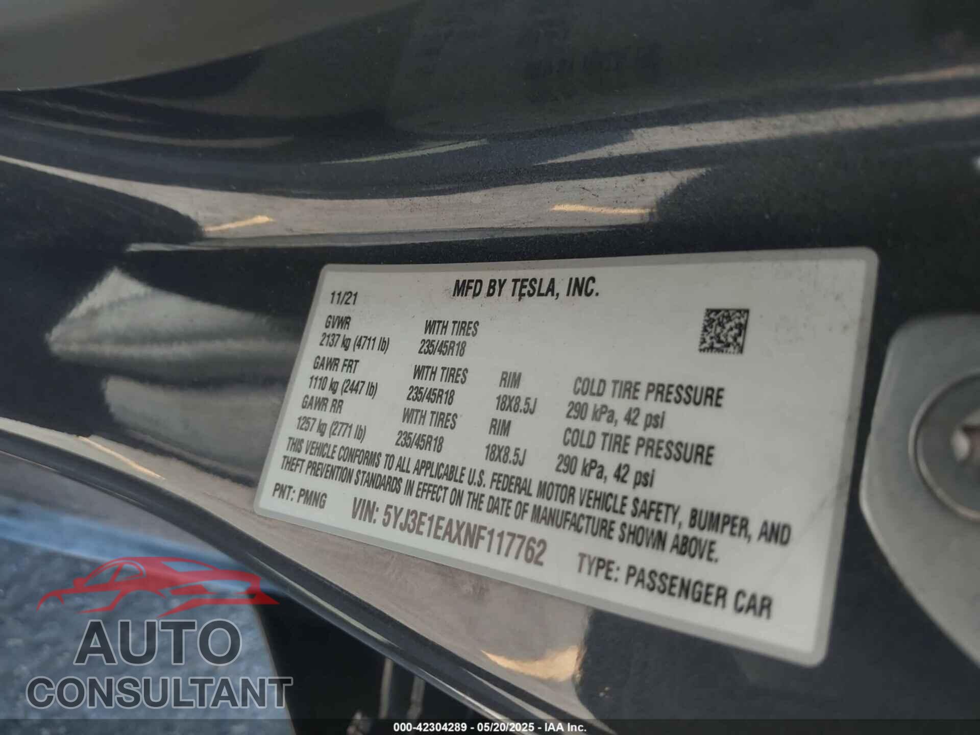 TESLA MODEL 3 2022 - 5YJ3E1EAXNF117762
