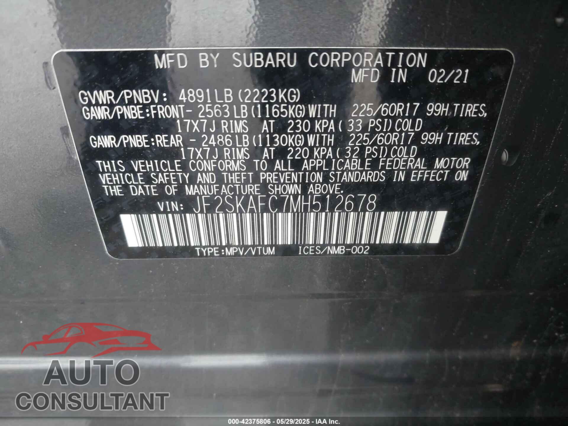 SUBARU FORESTER 2021 - JF2SKAFC7MH512678