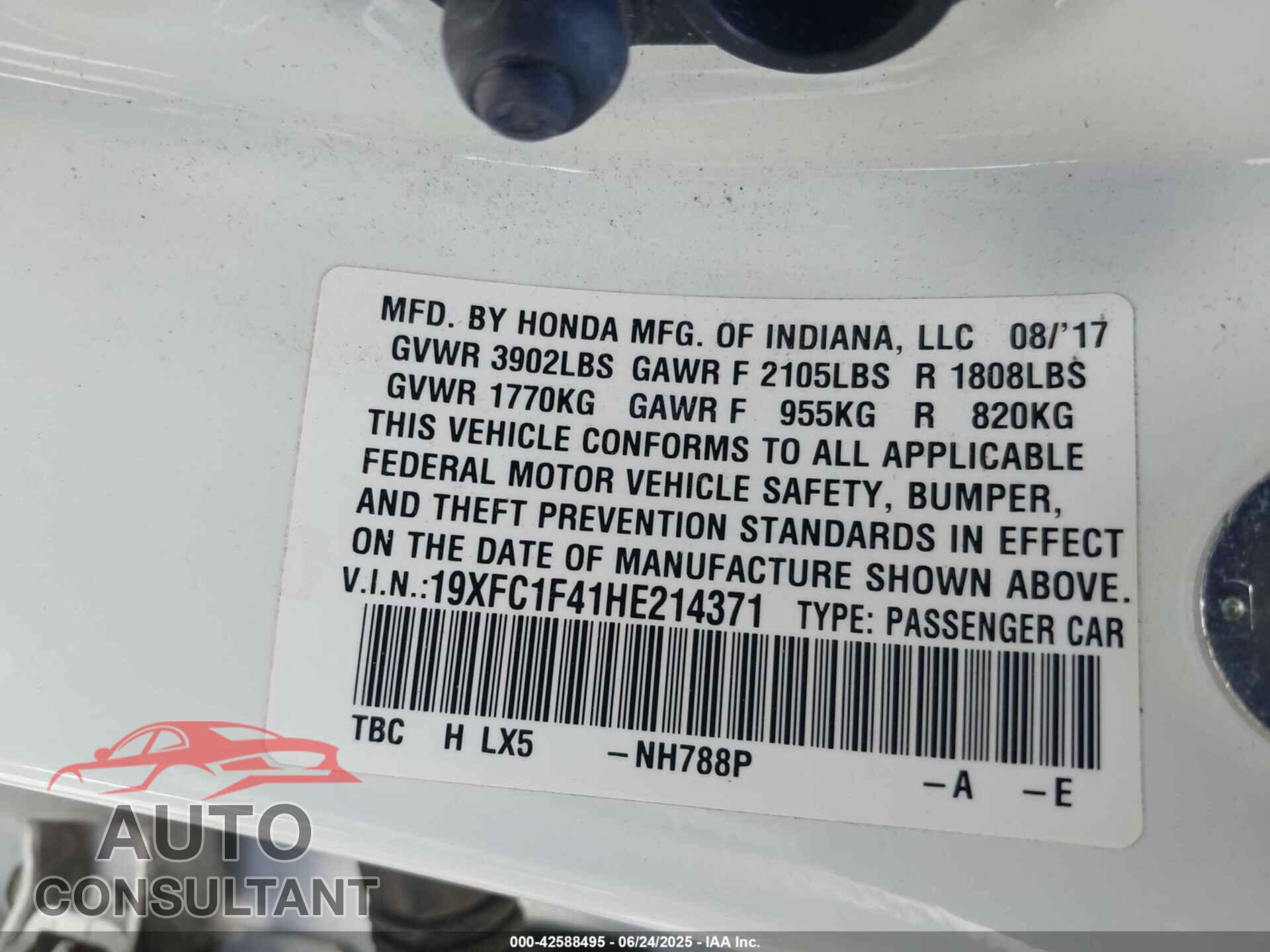 HONDA CIVIC 2017 - 19XFC1F41HE214371
