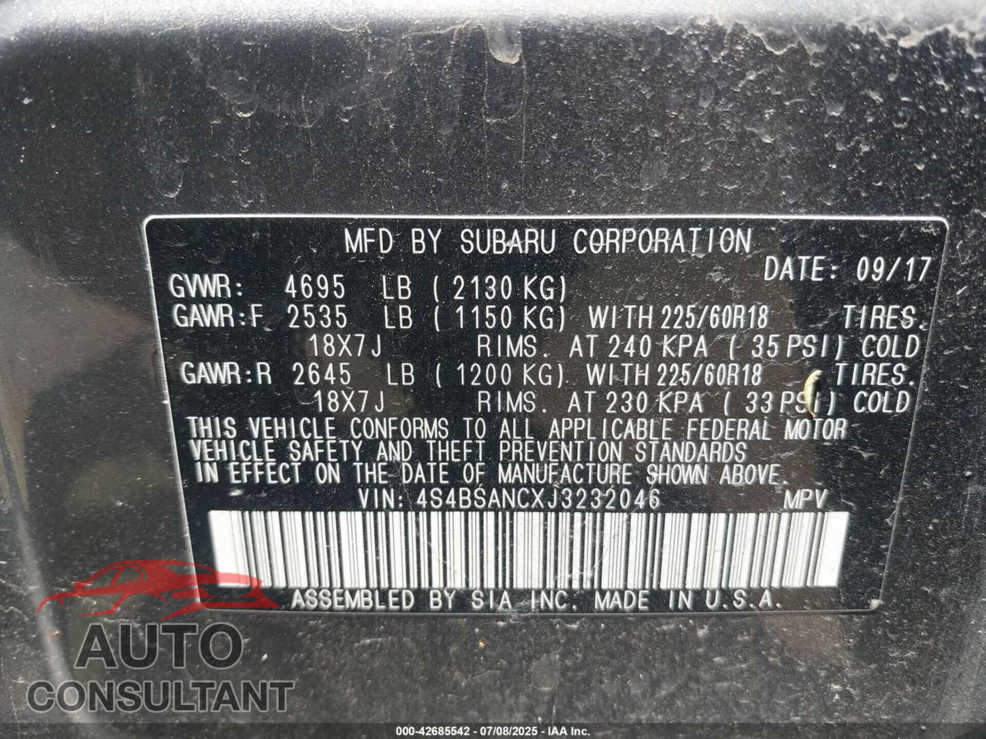 SUBARU OUTBACK 2018 - 4S4BSANCXJ3232046