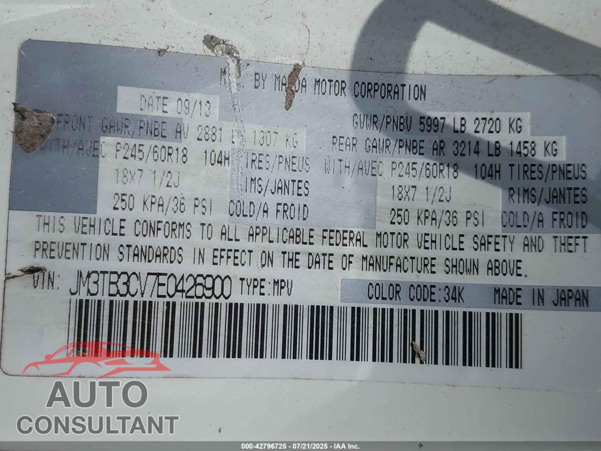 MAZDA CX-9 2014 - JM3TB3CV7E0426900
