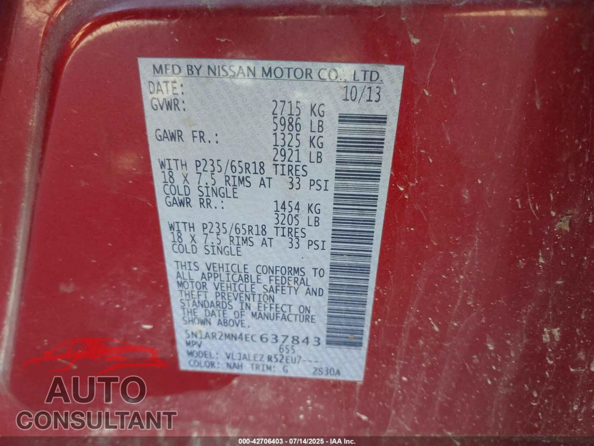 NISSAN PATHFINDER 2014 - 5N1AR2MN4EC637843
