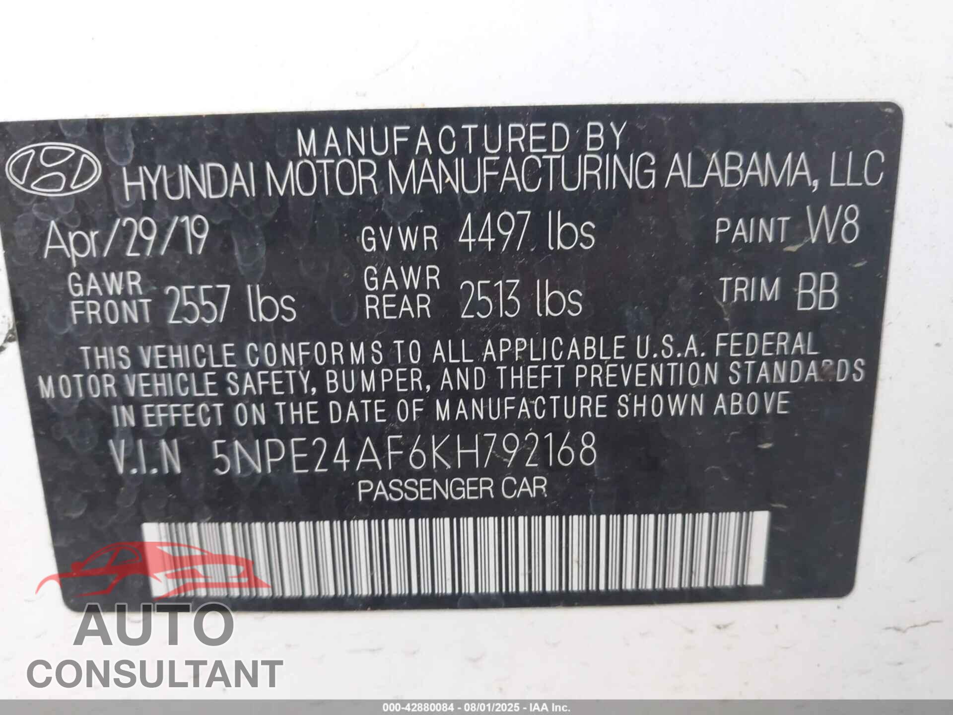 HYUNDAI SONATA 2019 - 5NPE24AF6KH792168