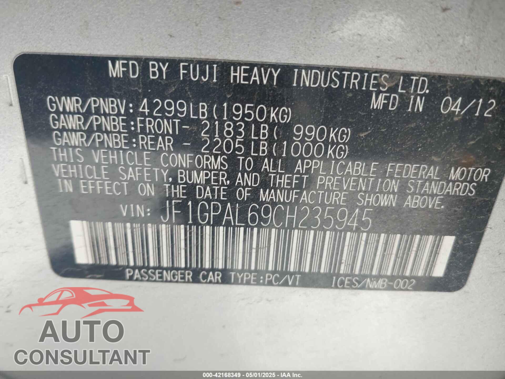 SUBARU IMPREZA 2012 - JF1GPAL69CH235945