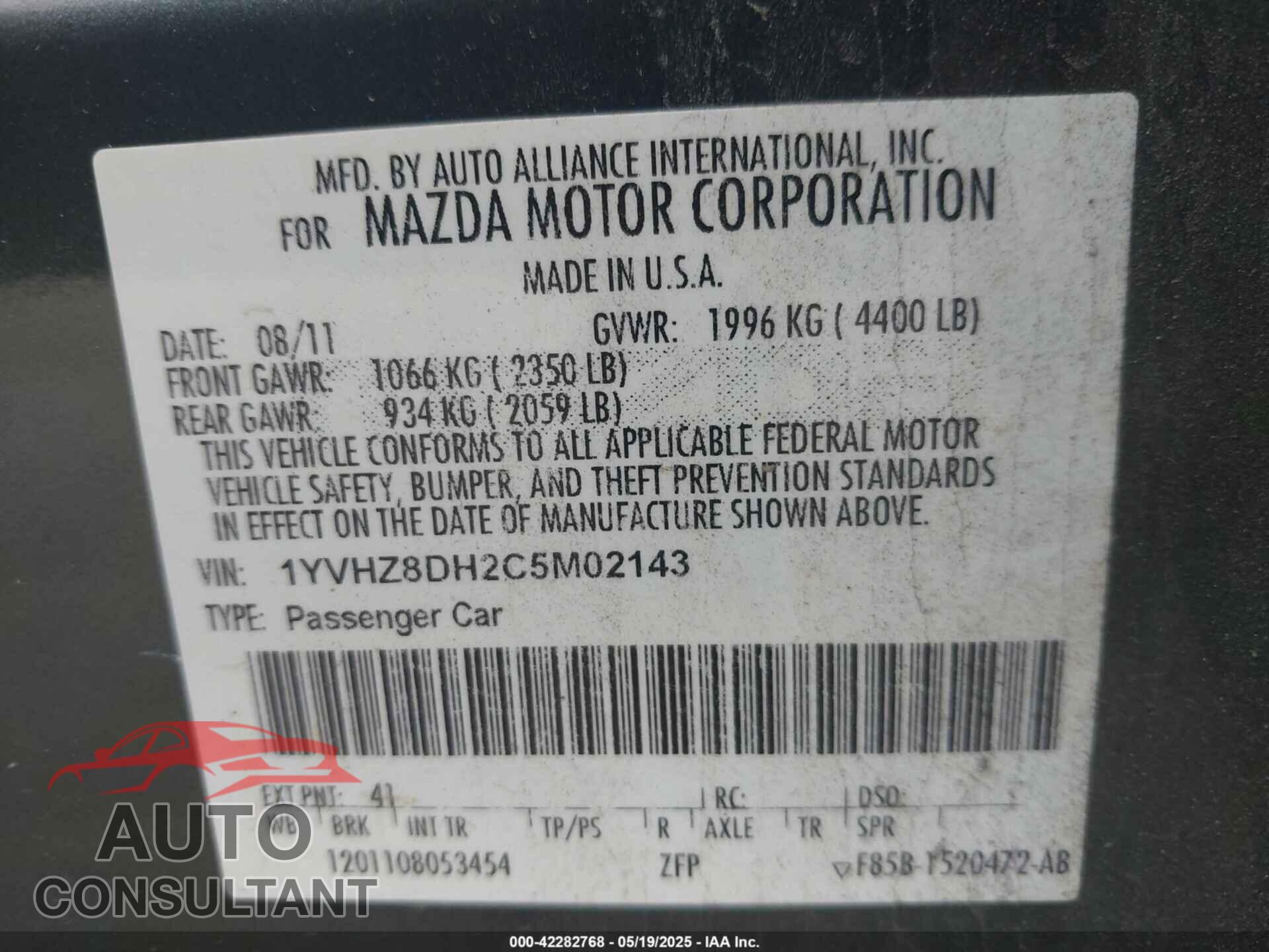 MAZDA MAZDA6 2012 - 1YVHZ8DH2C5M02143