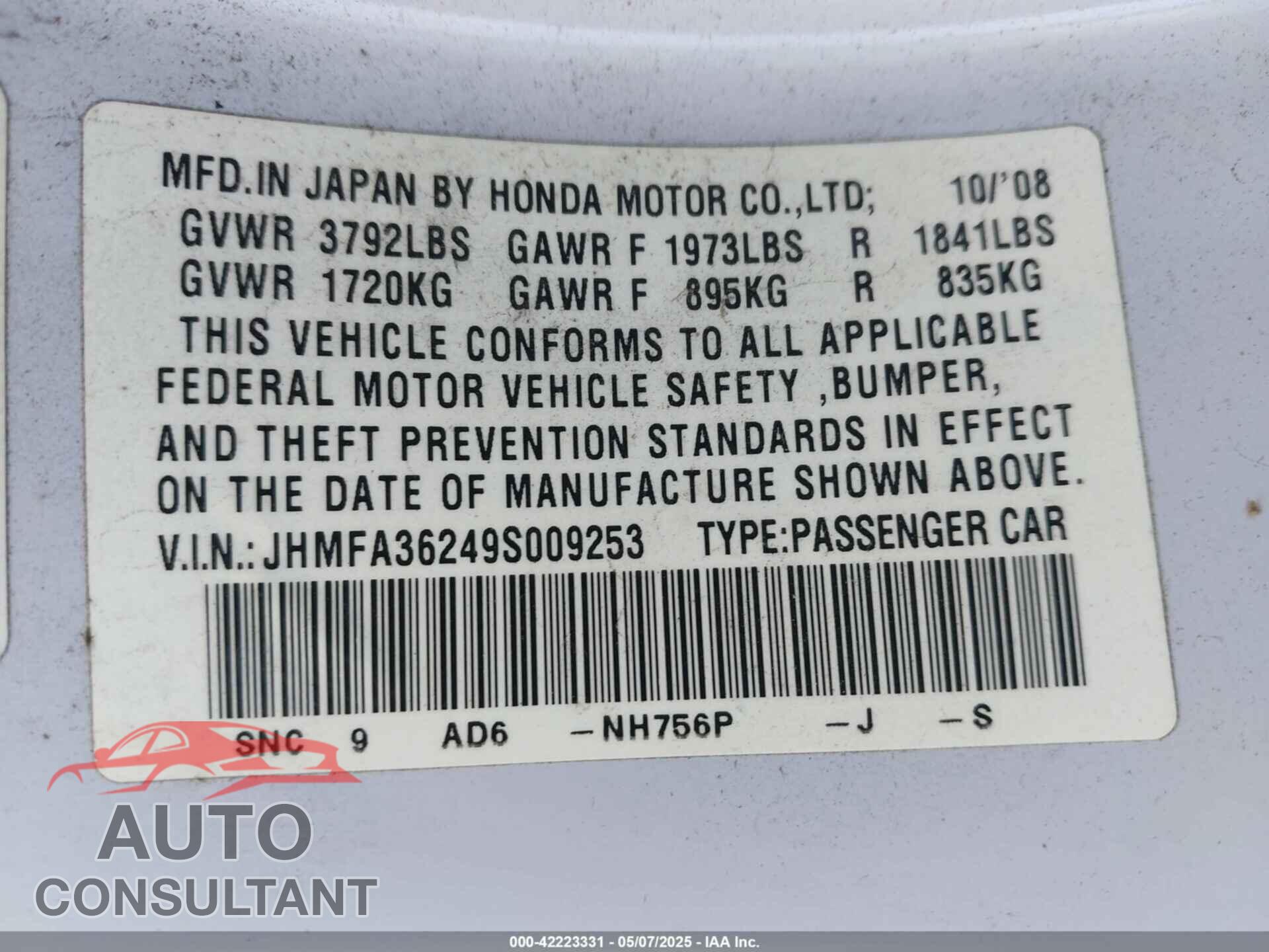 HONDA CIVIC HYBRID 2009 - JHMFA36249S009253