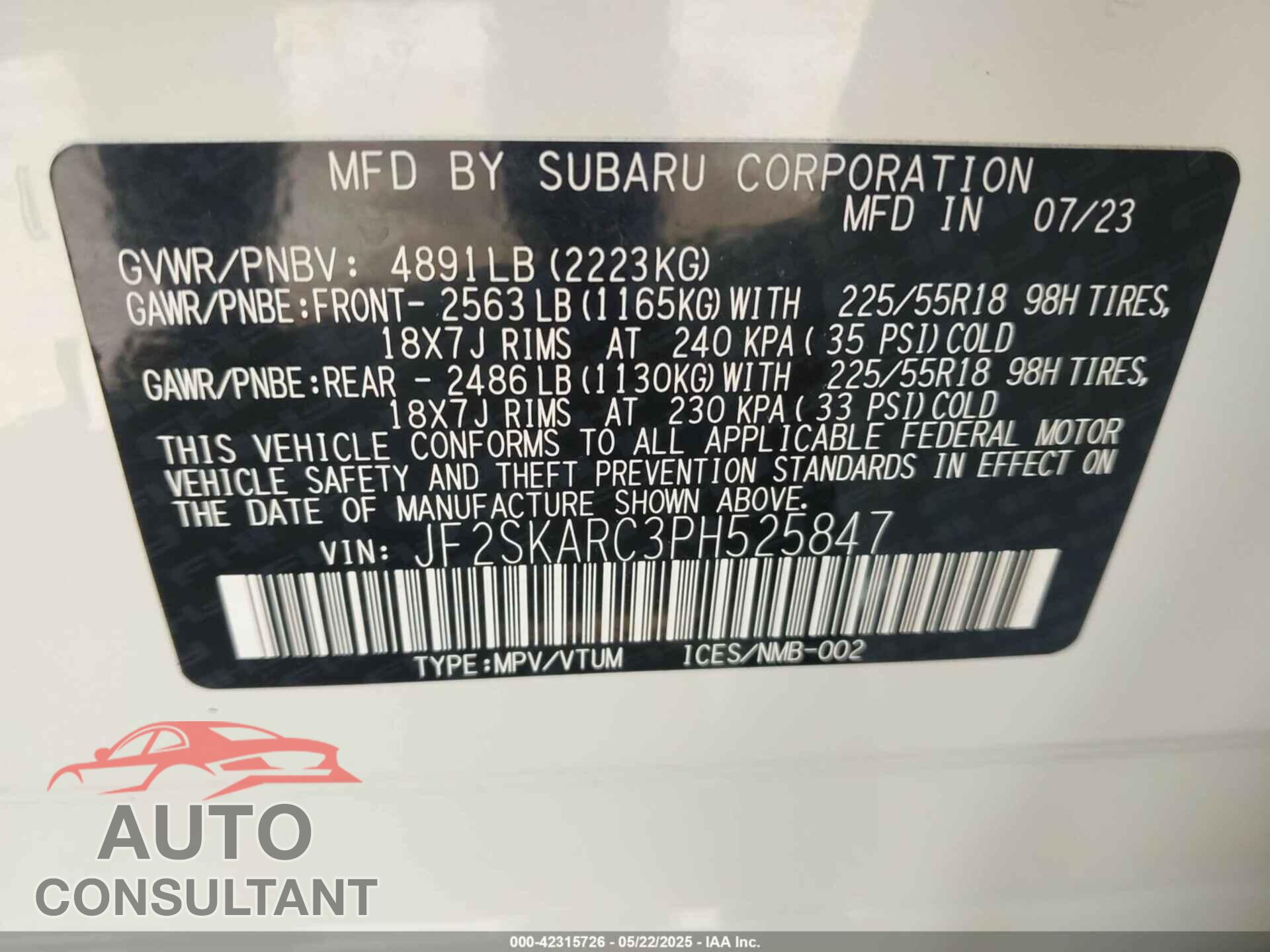 SUBARU FORESTER 2023 - JF2SKARC3PH525847