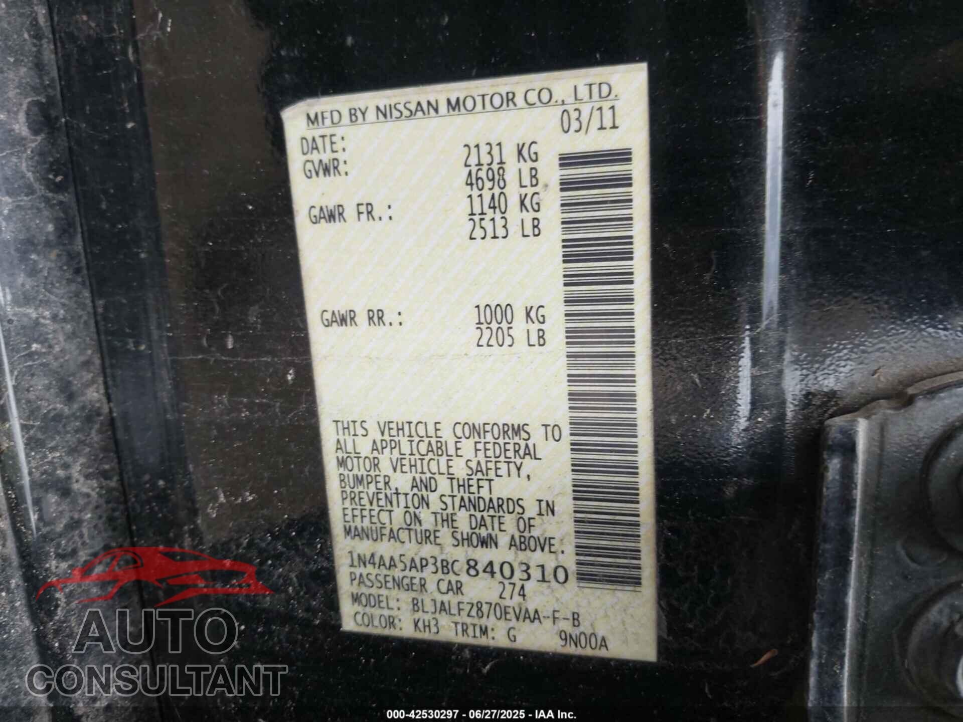 NISSAN MAXIMA 2011 - 1N4AA5AP3BC840310