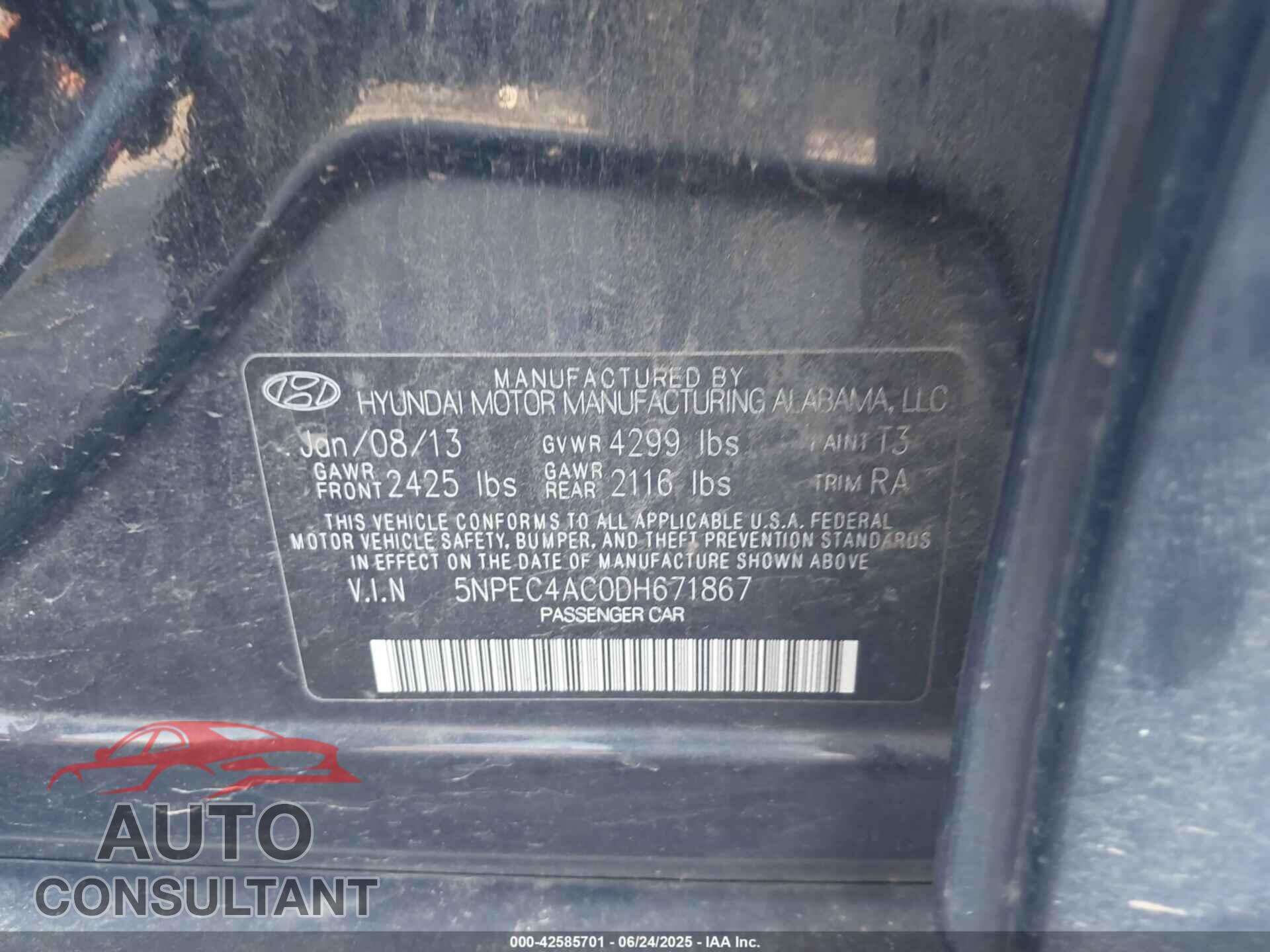 HYUNDAI SONATA 2013 - 5NPEC4AC0DH671867