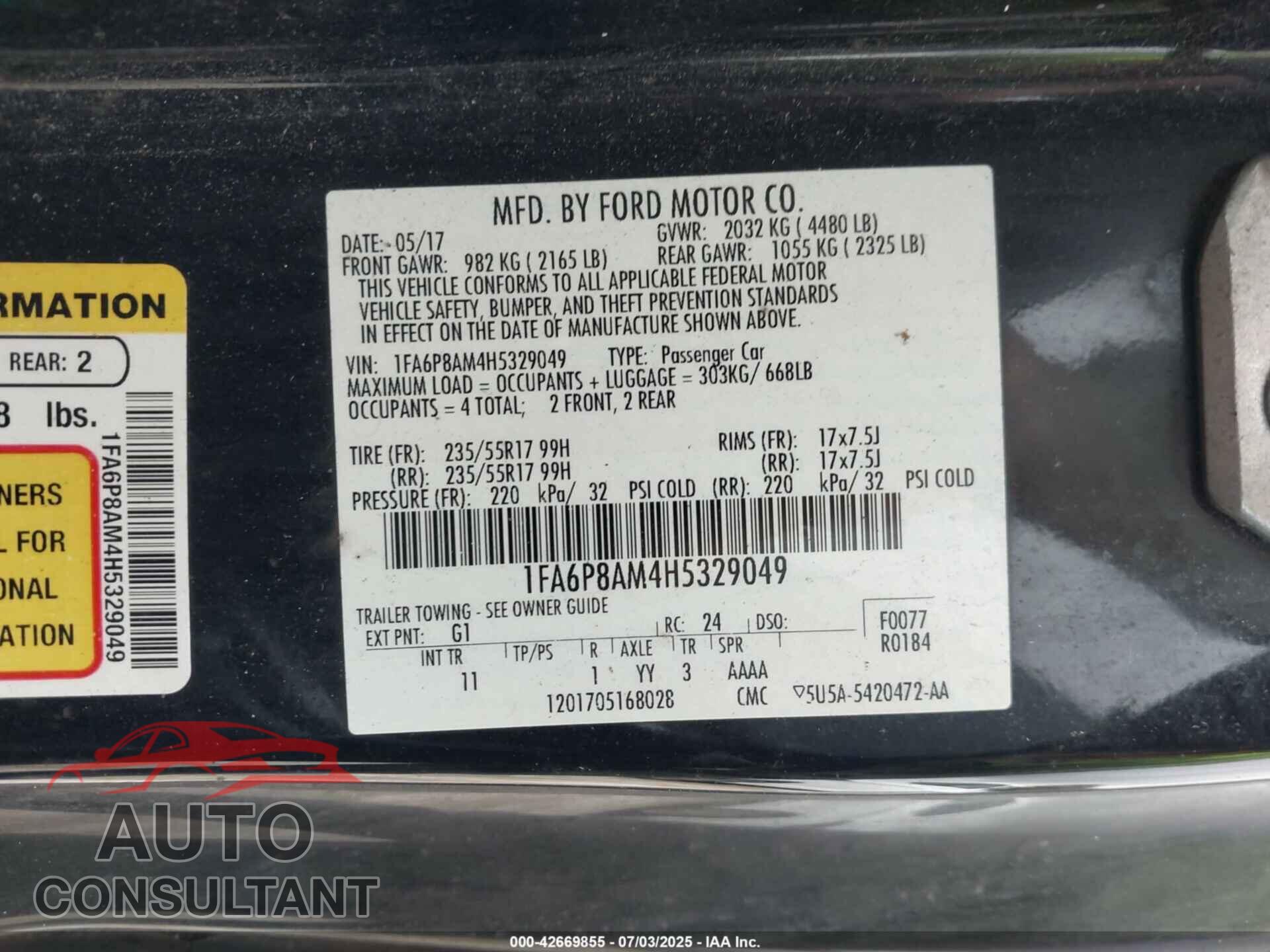 FORD MUSTANG 2017 - 1FA6P8AM4H5329049