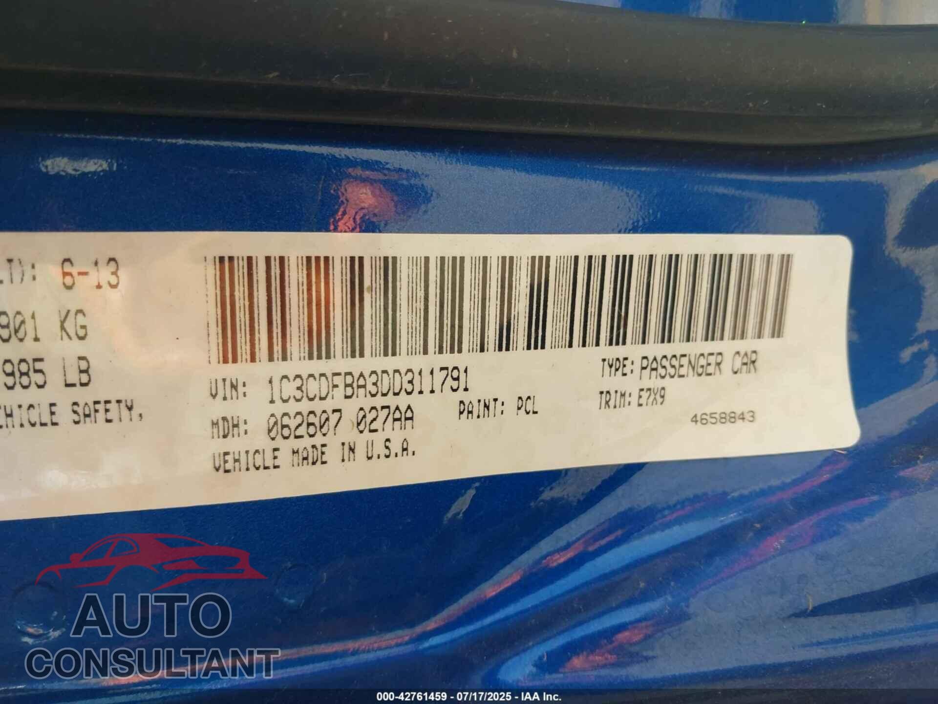 DODGE DART 2013 - 1C3CDFBA3DD311791