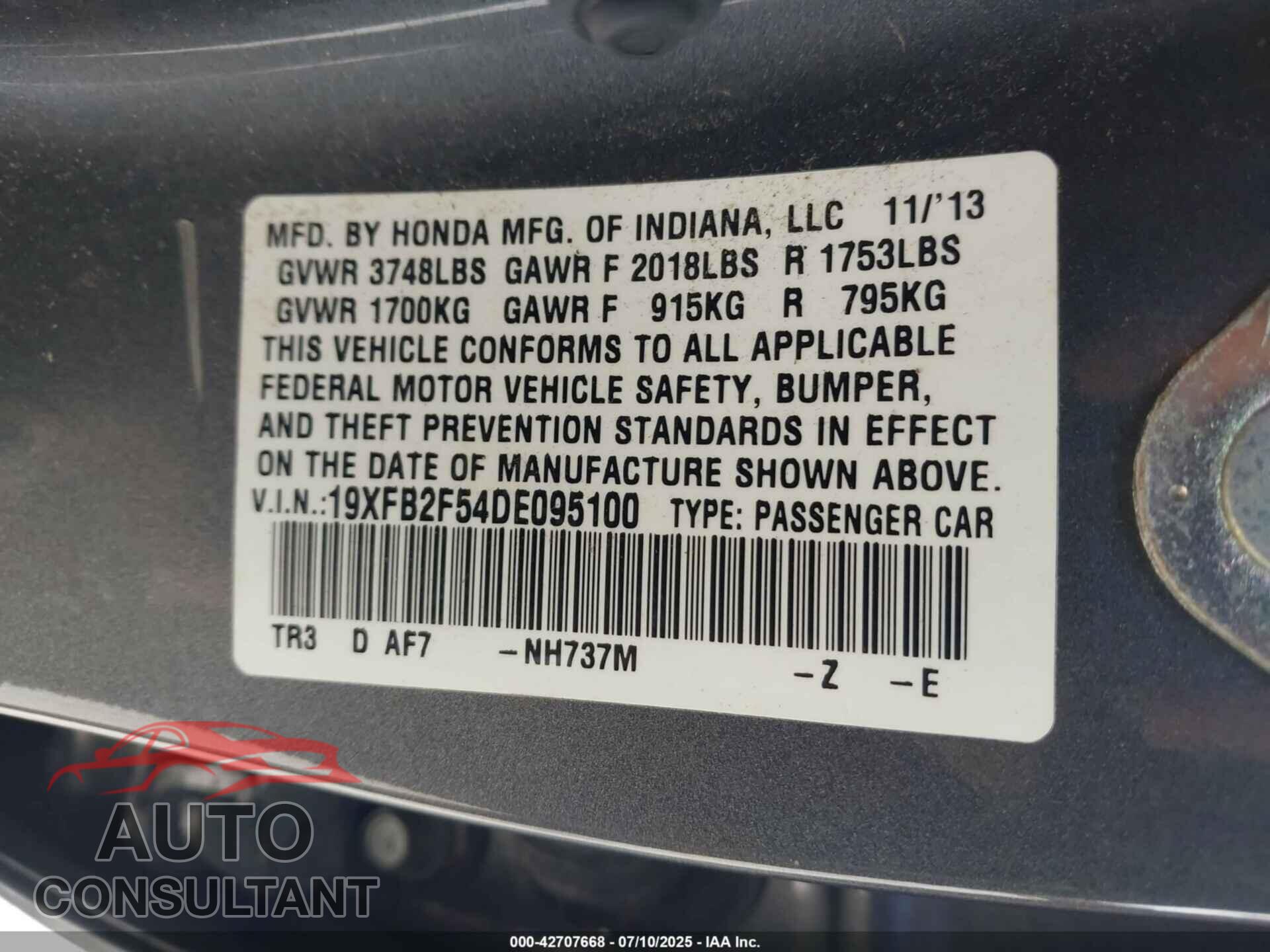 HONDA CIVIC 2013 - 19XFB2F54DE095100