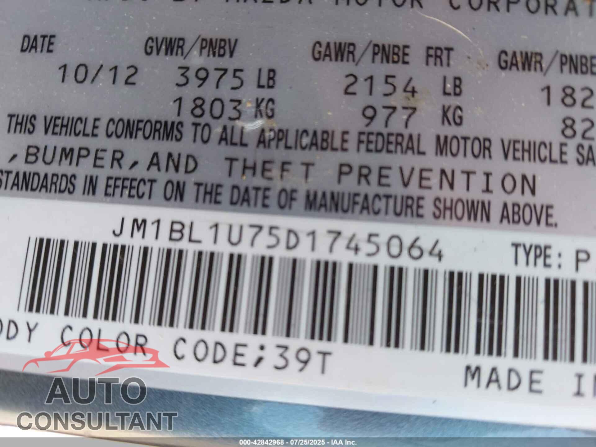 MAZDA MAZDA3 2013 - JM1BL1U75D1745064