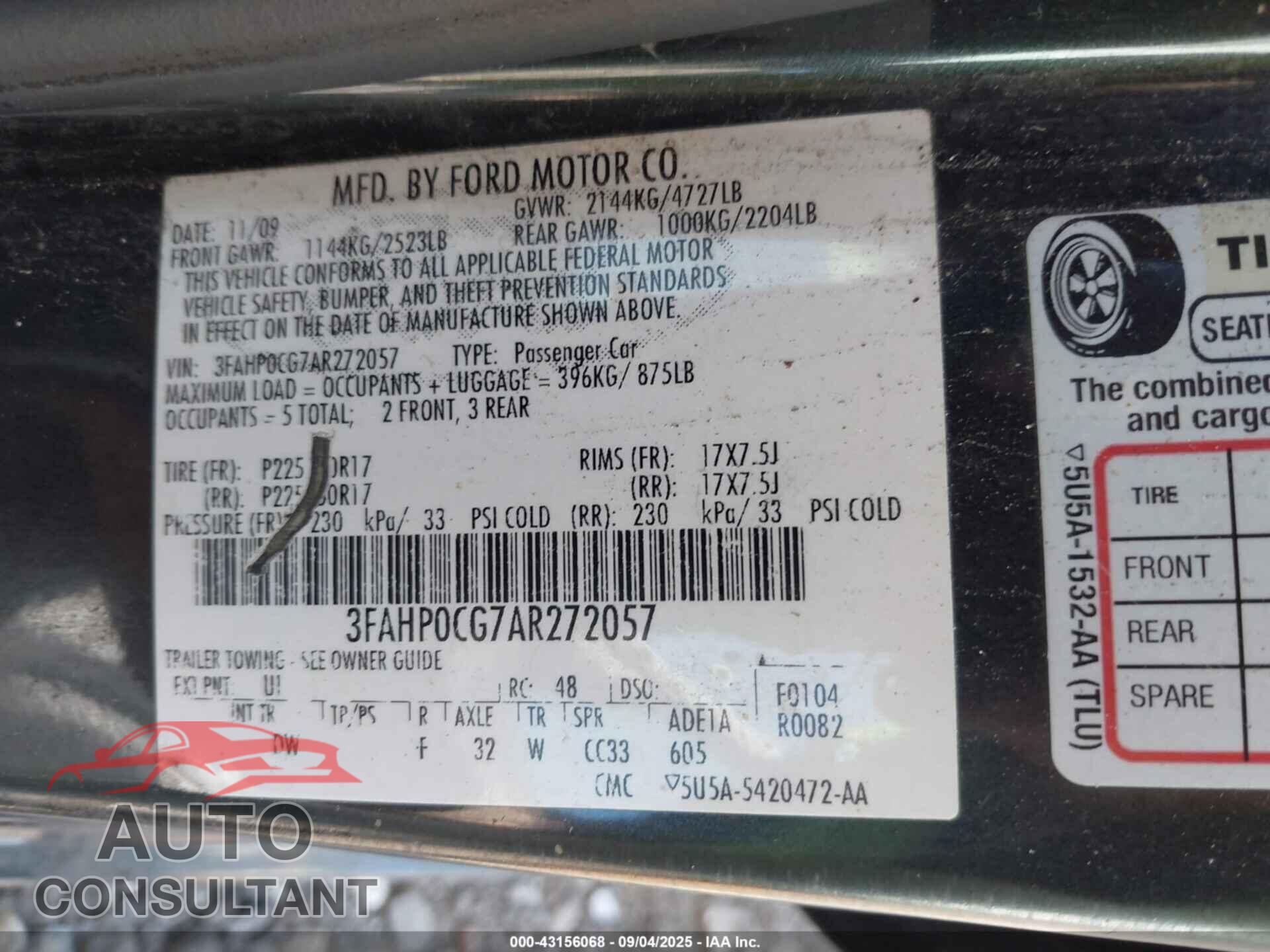 FORD FUSION 2010 - 3FAHP0CG7AR272057