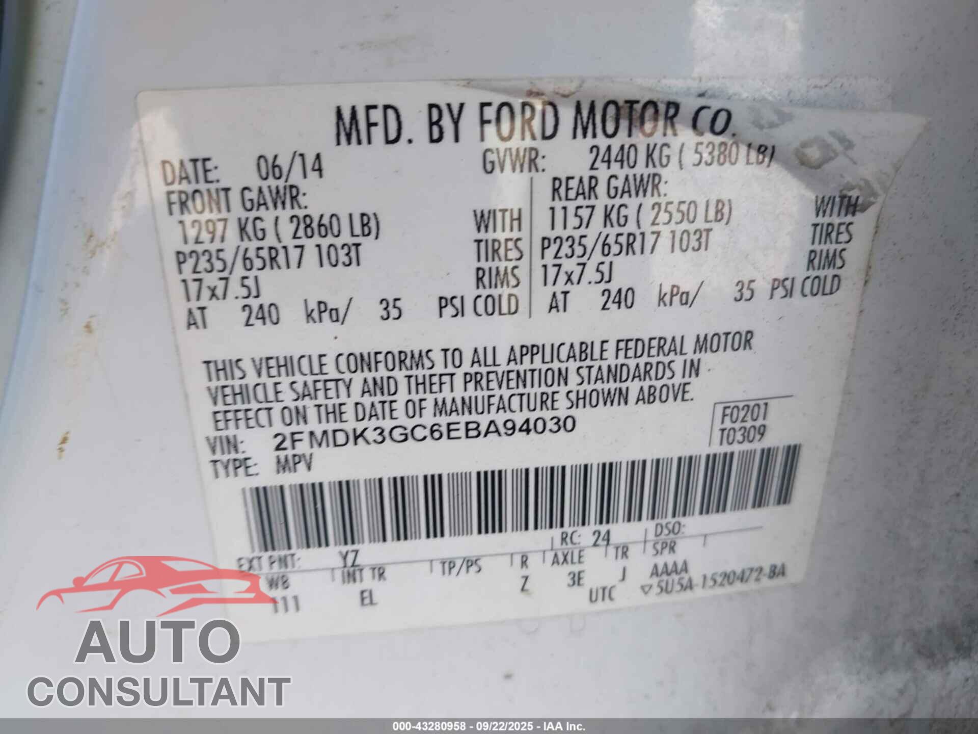 FORD EDGE 2014 - 2FMDK3GC6EBA94030