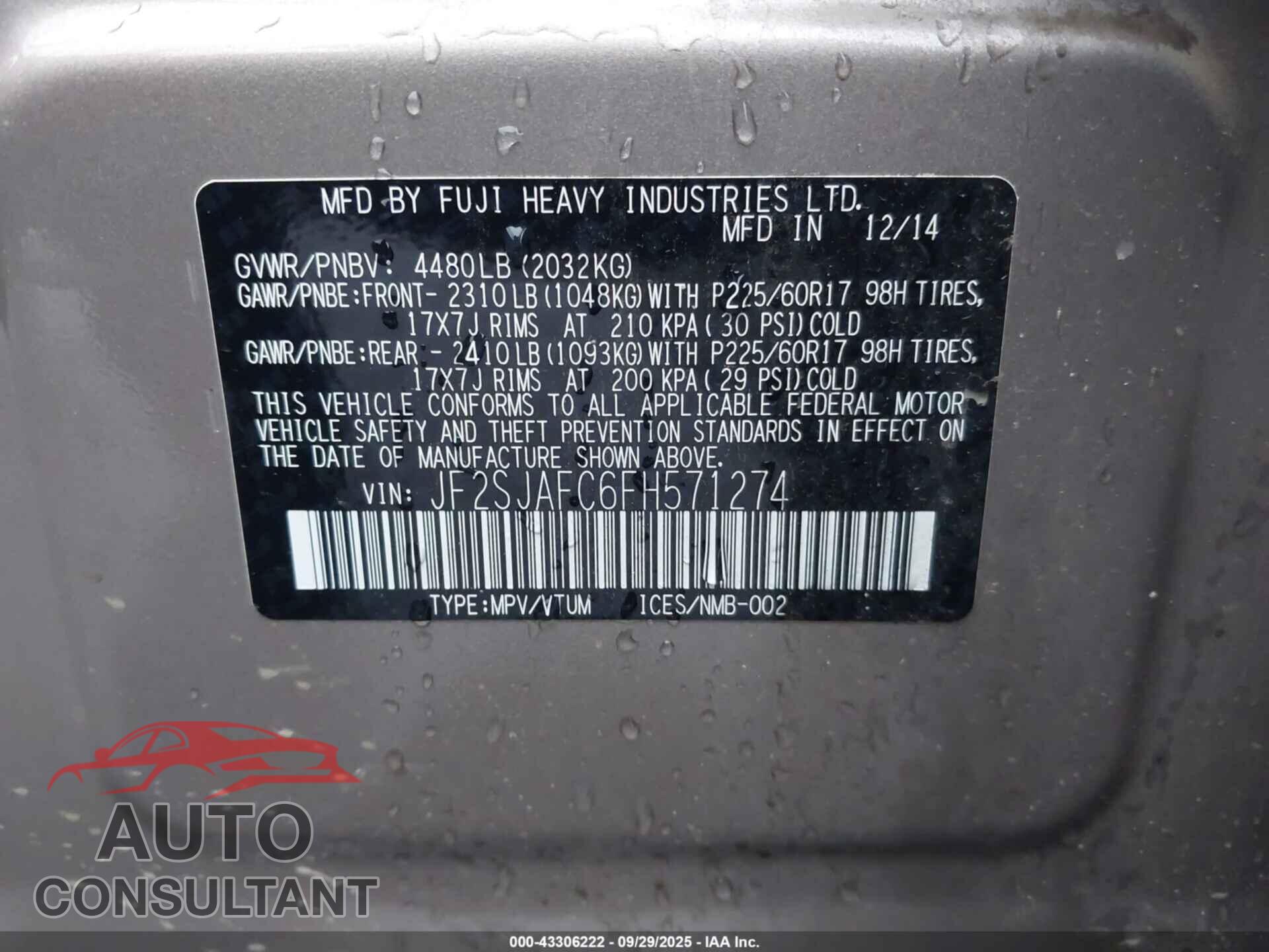 SUBARU FORESTER 2015 - JF2SJAFC6FH571274