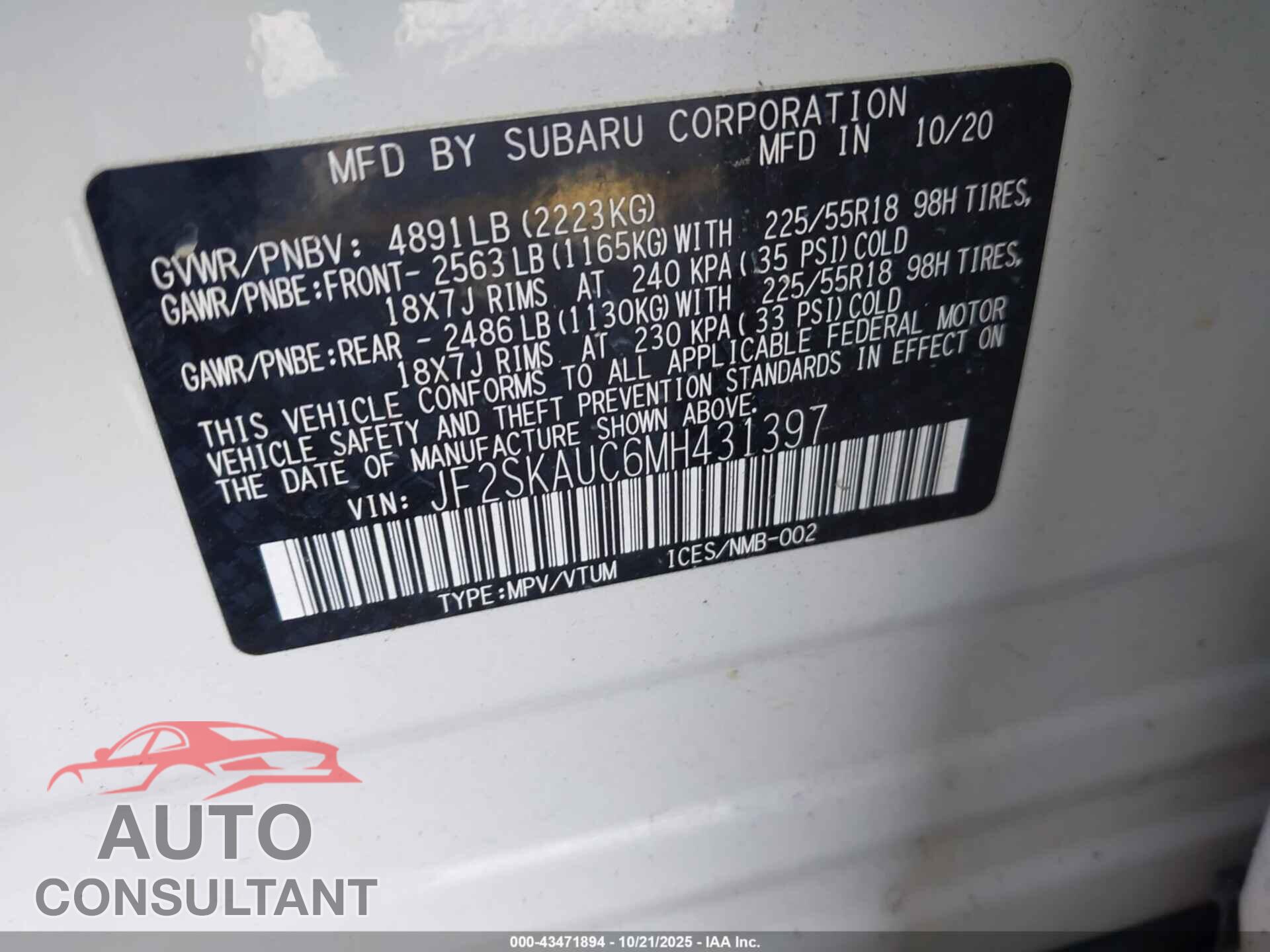 SUBARU FORESTER 2021 - JF2SKAUC6MH431397