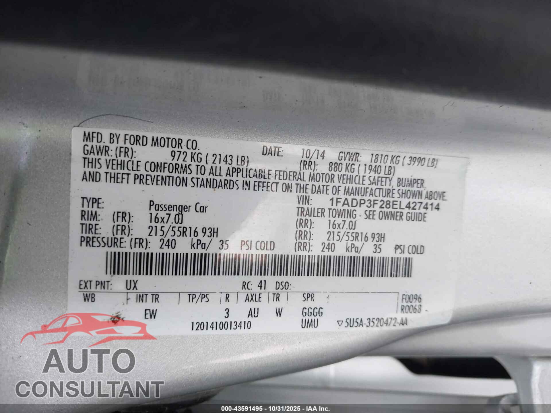 FORD FOCUS 2014 - 1FADP3F28EL427414
