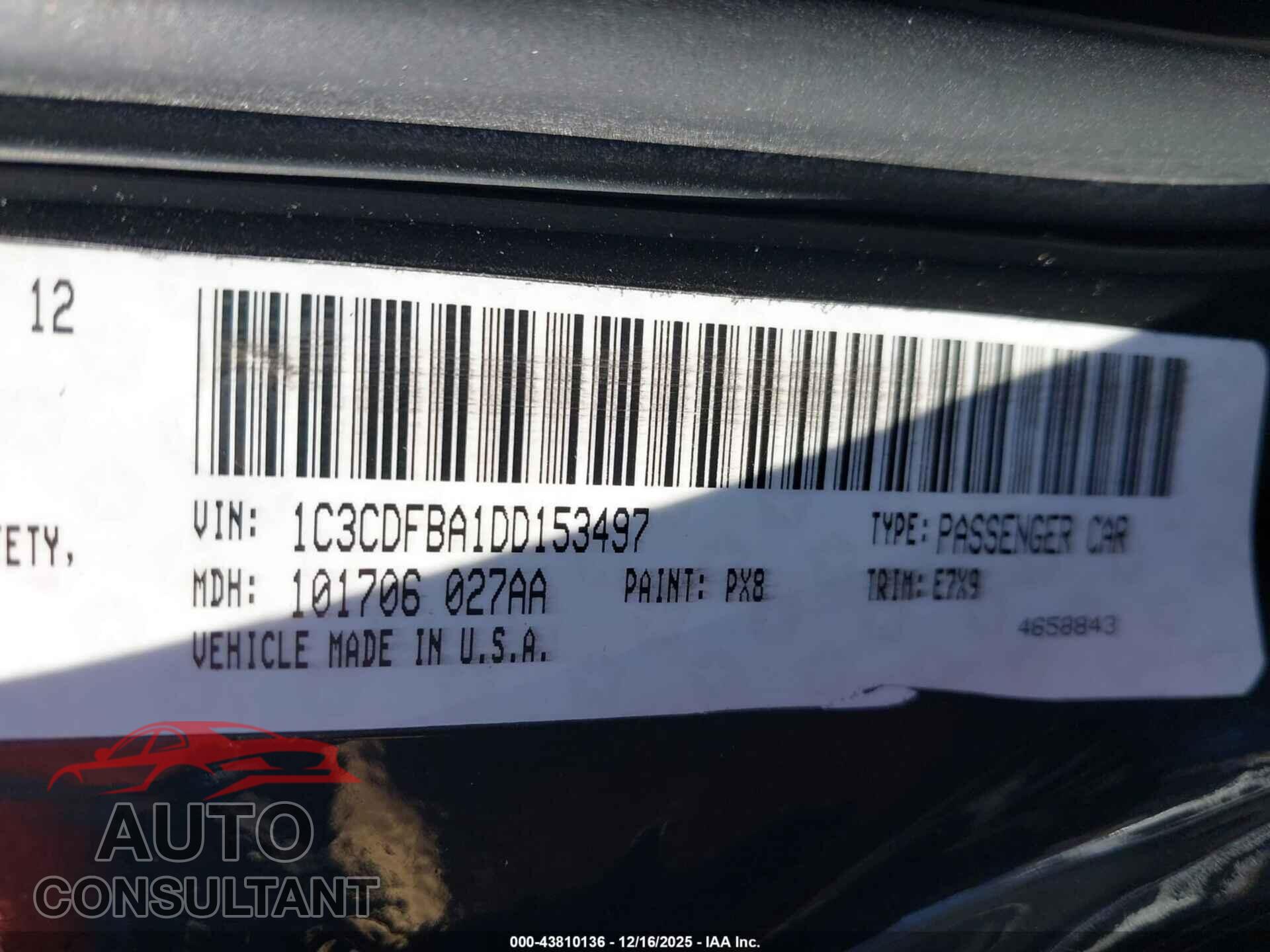 DODGE DART 2013 - 1C3CDFBA1DD153497