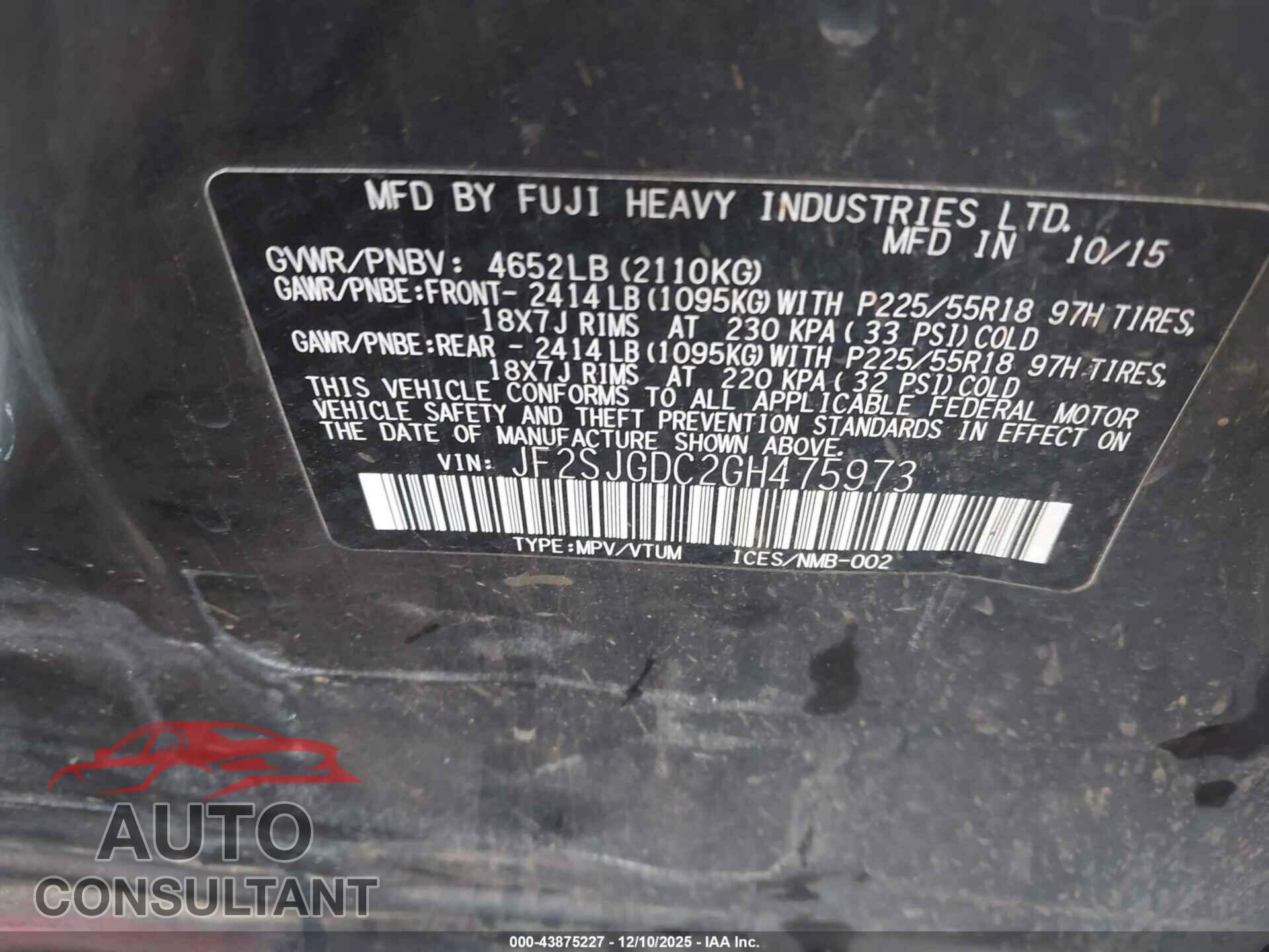 SUBARU FORESTER 2016 - JF2SJGDC2GH475973