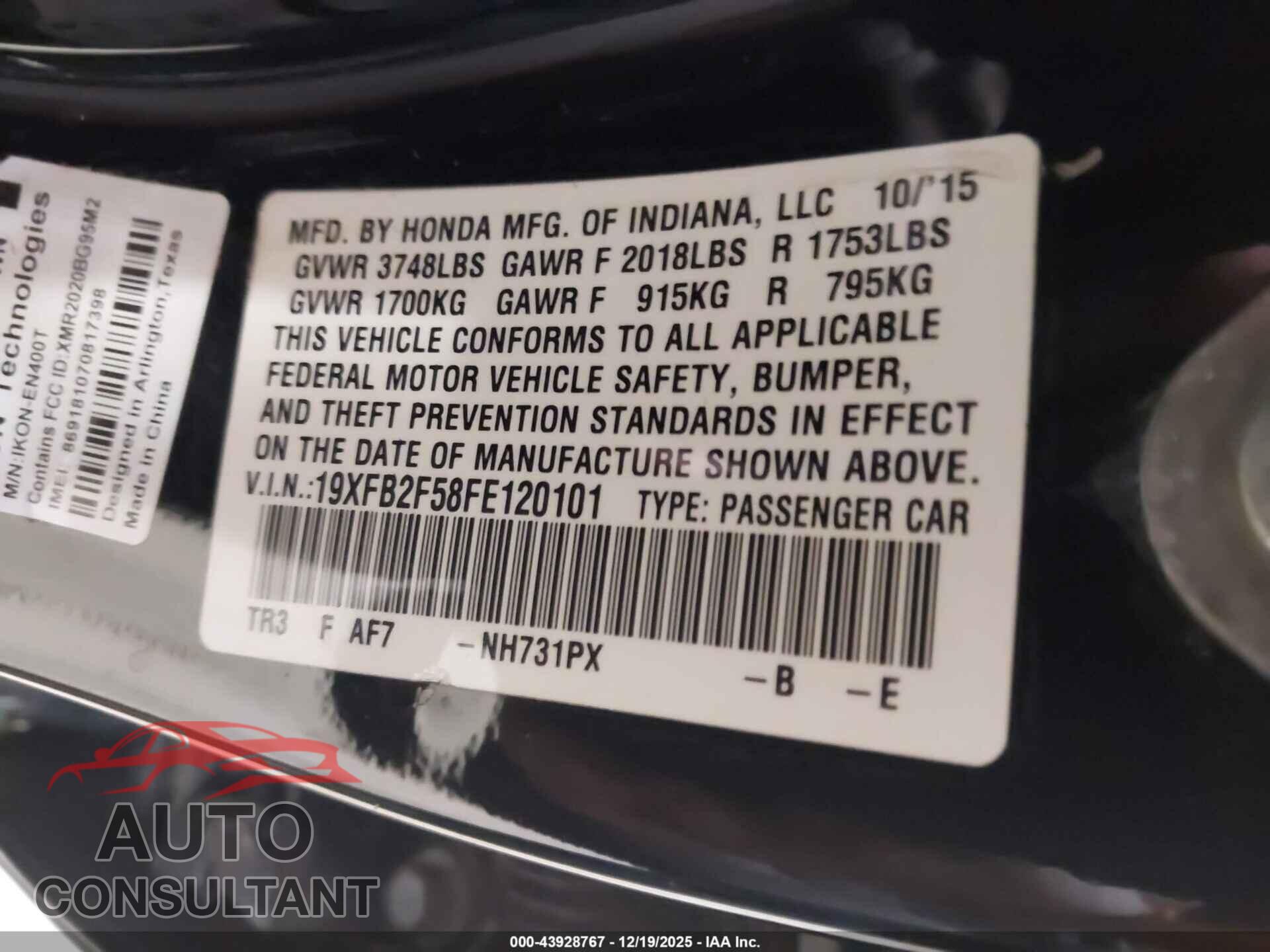 HONDA CIVIC 2015 - 19XFB2F58FE120101