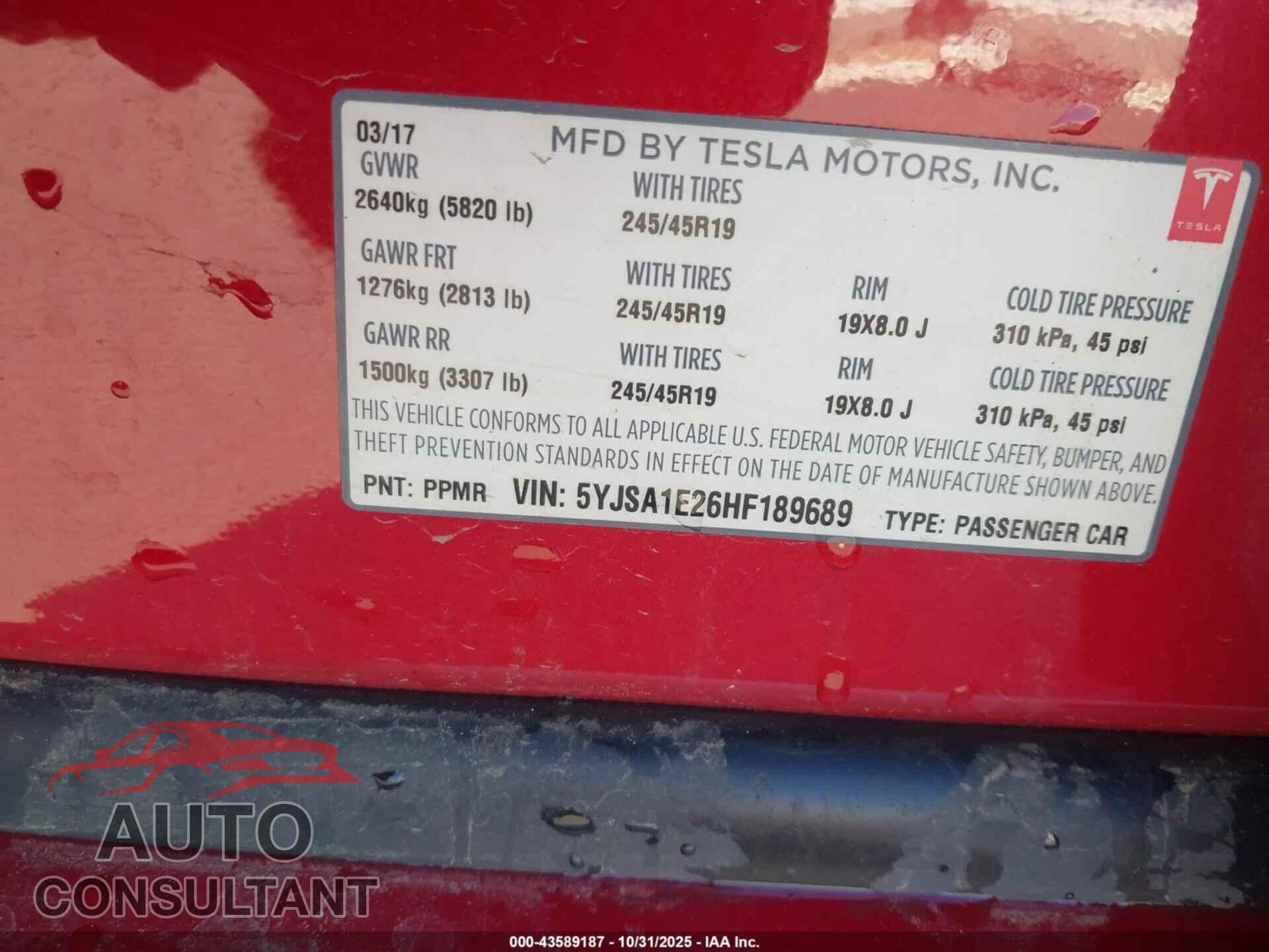 TESLA MODEL S 2017 - 5YJSA1E26HF189689