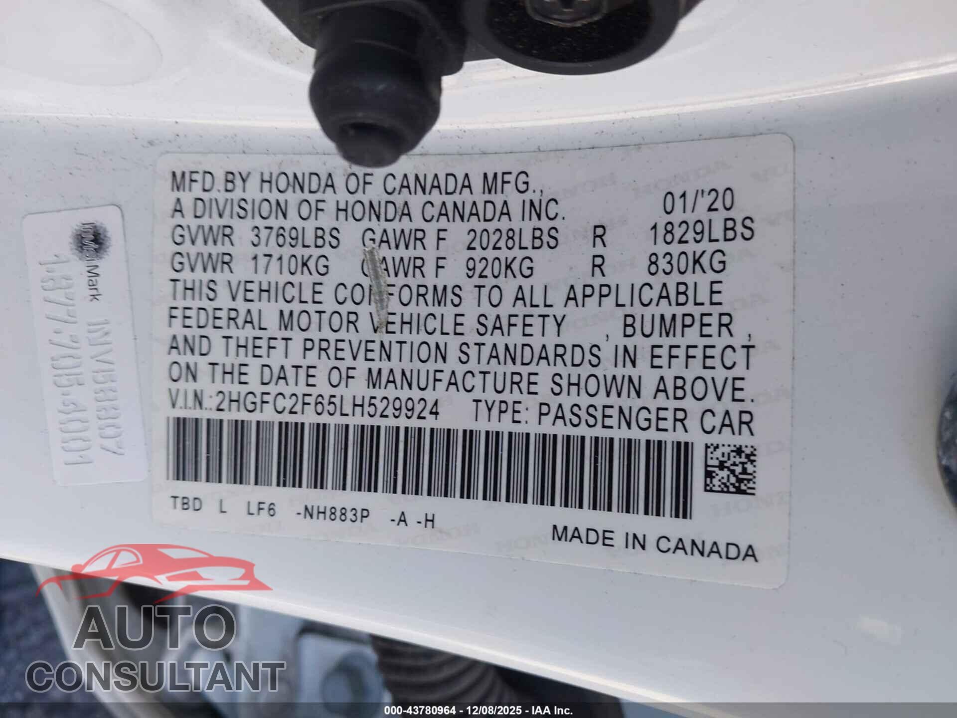 HONDA CIVIC 2020 - 2HGFC2F65LH529924